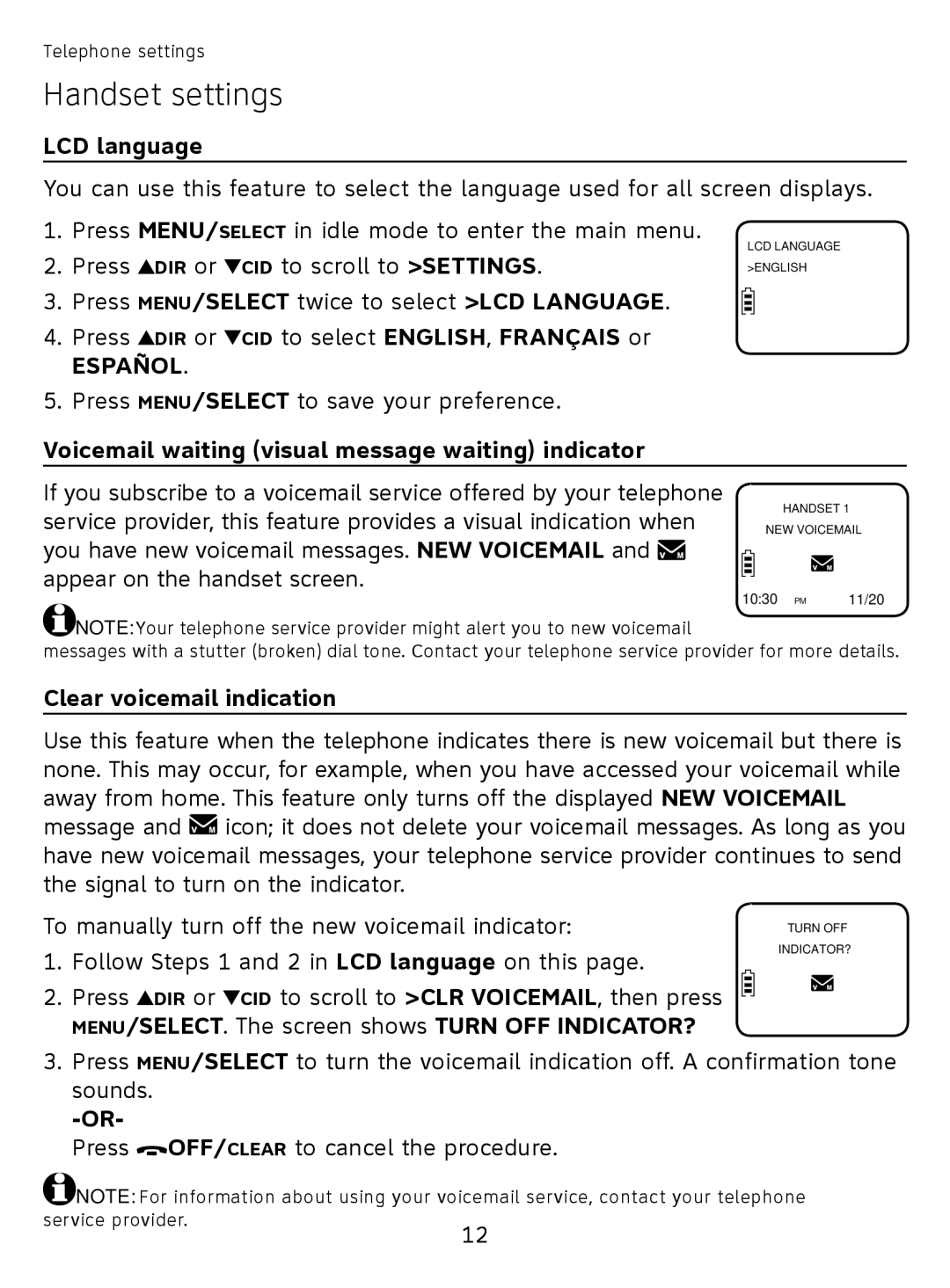 AT&T EL51110 user manual LCD language, Voicemail waiting visual message waiting indicator, Clear voicemail indication 