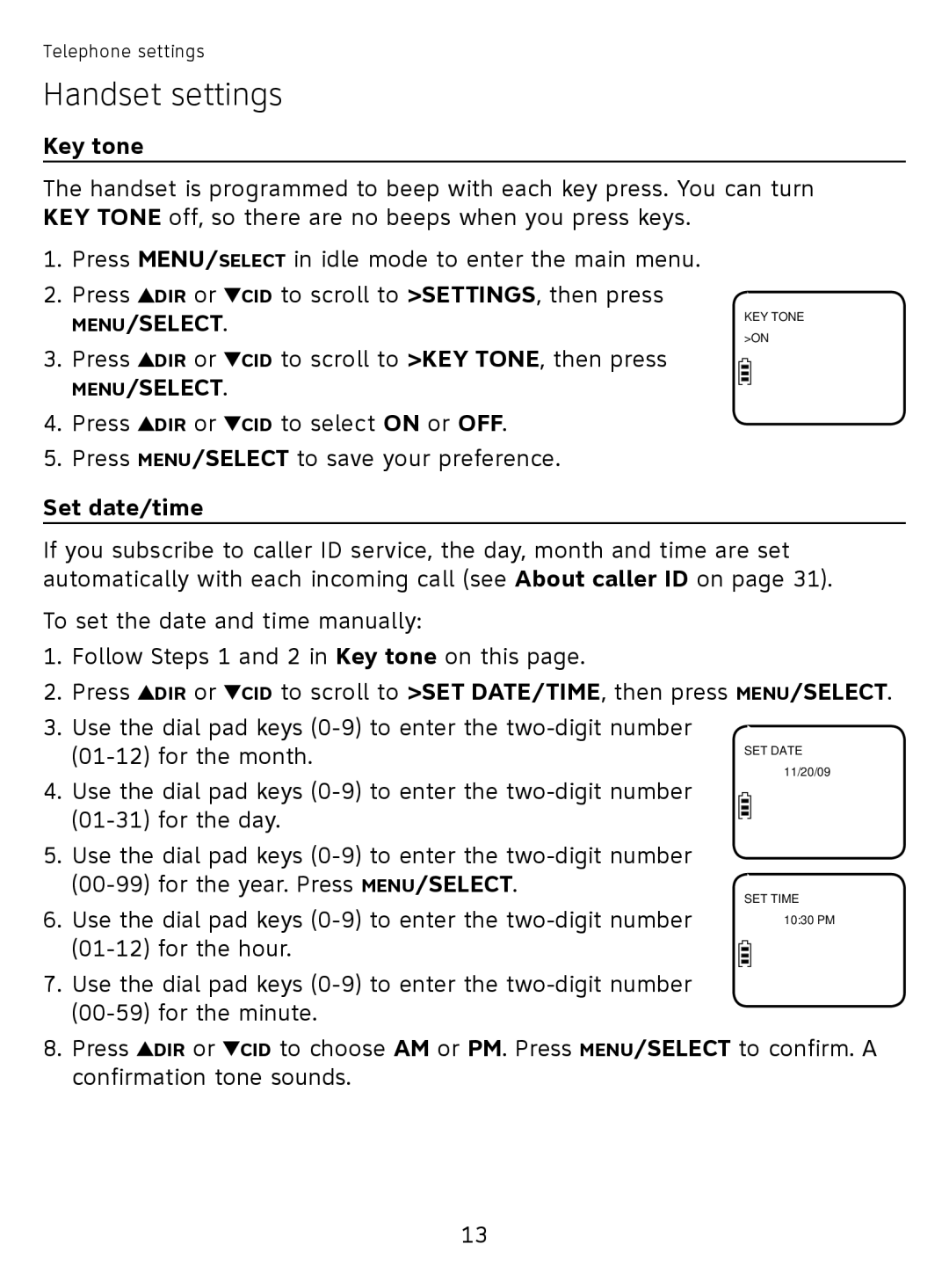 AT&T EL51110 user manual Key tone, Set date/time 