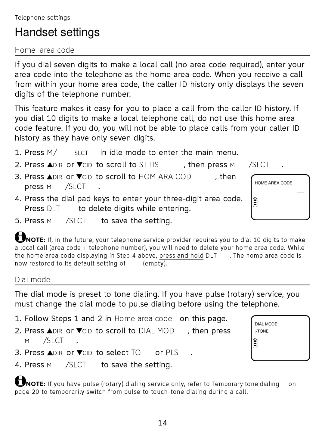 AT&T EL51110 user manual Home area code, Dial mode 