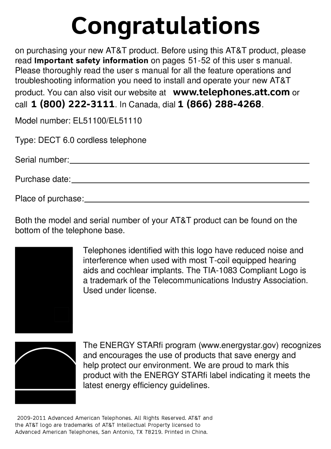 AT&T EL51110 user manual Congratulations 