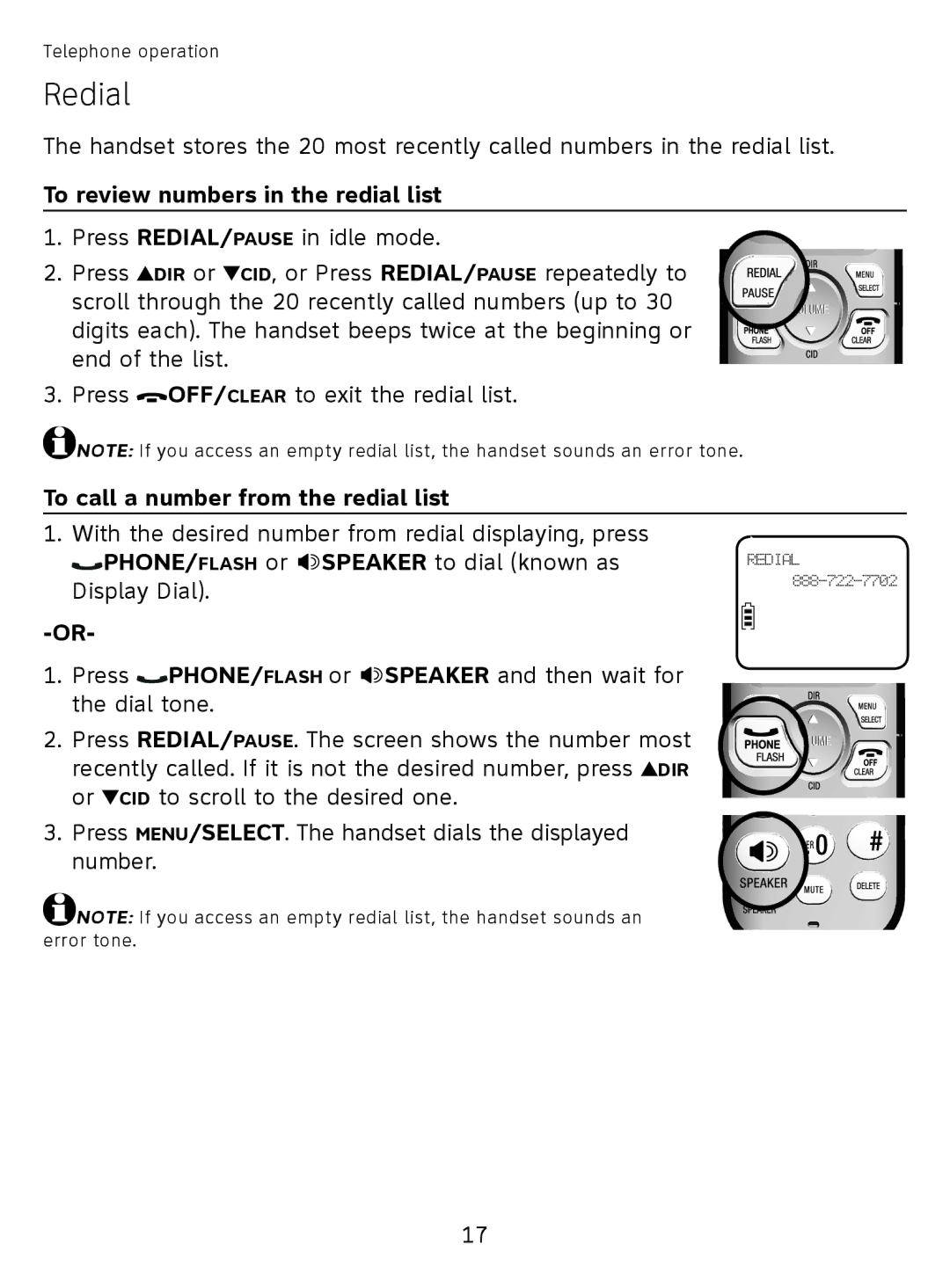 AT&T EL51110 user manual Redial, To review numbers in the redial list, To call a number from the redial list 