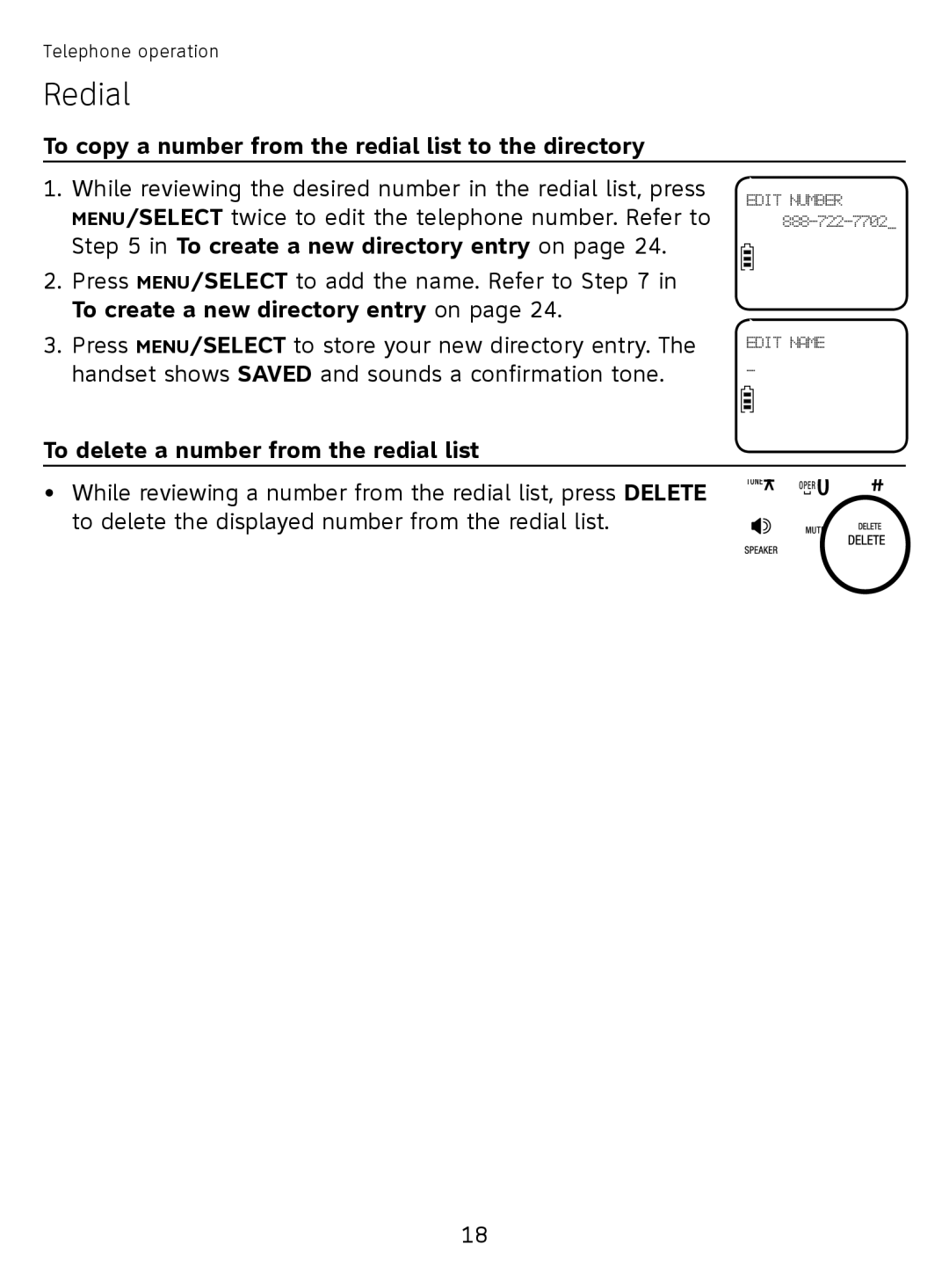 AT&T EL51110 user manual To copy a number from the redial list to the directory, To create a new directory entry on 