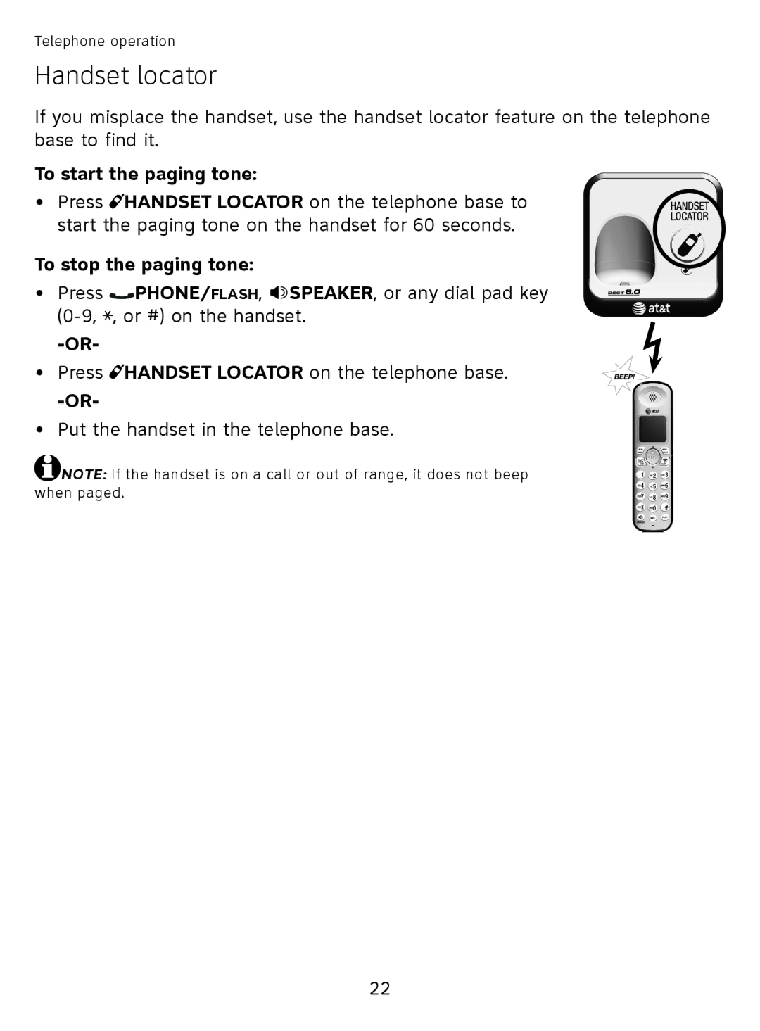 AT&T EL51110 user manual Handset locator, To start the paging tone, To stop the paging tone 