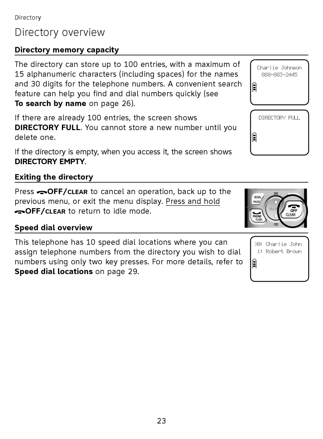 AT&T EL51110 user manual Directory overview, Directory memory capacity, Exiting the directory, Speed dial overview 