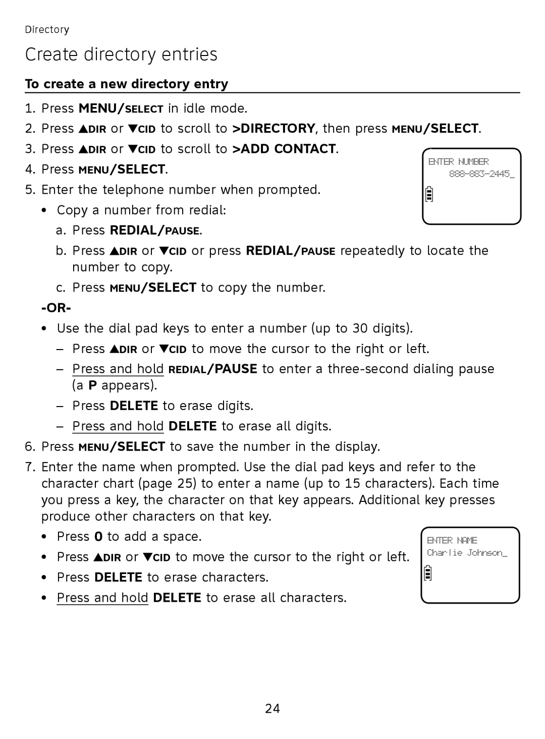 AT&T EL51110 user manual Create directory entries, To create a new directory entry 