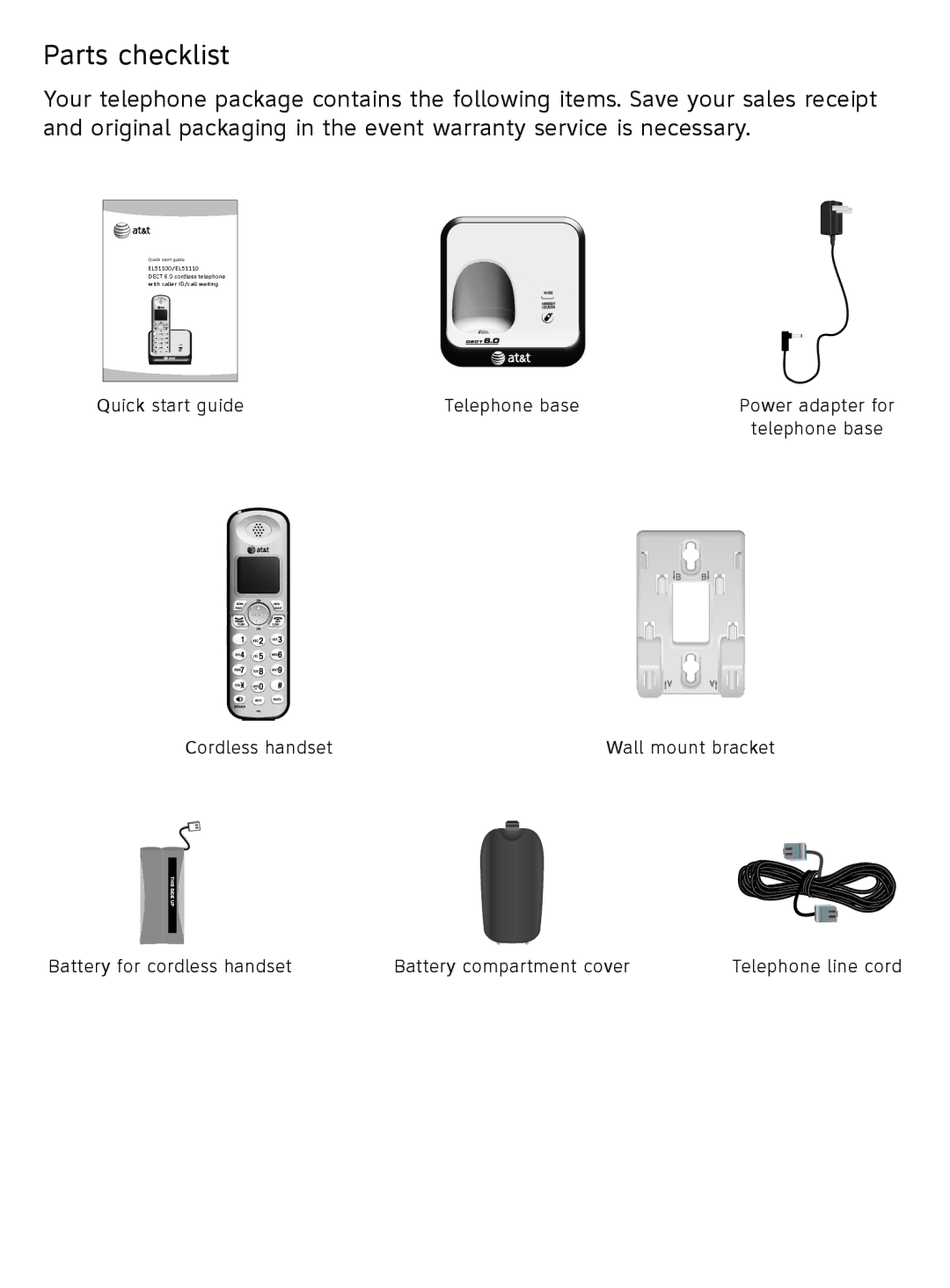 AT&T EL51110 user manual Parts checklist 