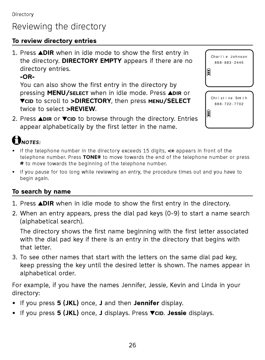 AT&T EL51110 user manual Reviewing the directory, To review directory entries, To search by name 