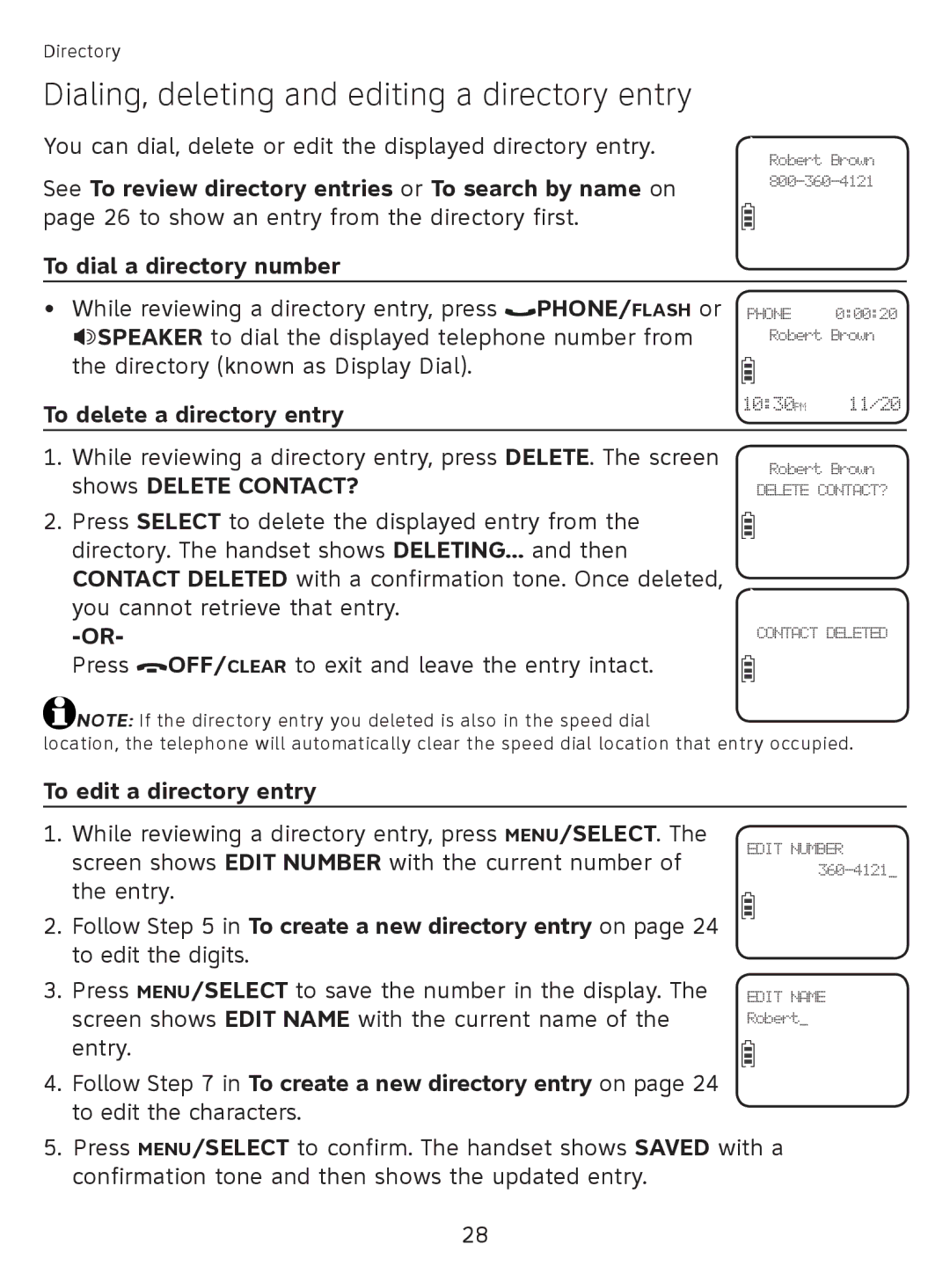 AT&T EL51110 Dialing, deleting and editing a directory entry, To delete a directory entry, To edit a directory entry 