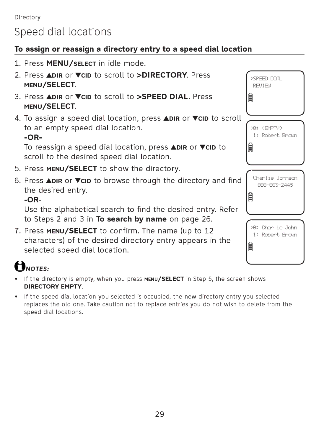 AT&T EL51110 user manual Speed dial locations, DIR or CID to, Directory Empty 