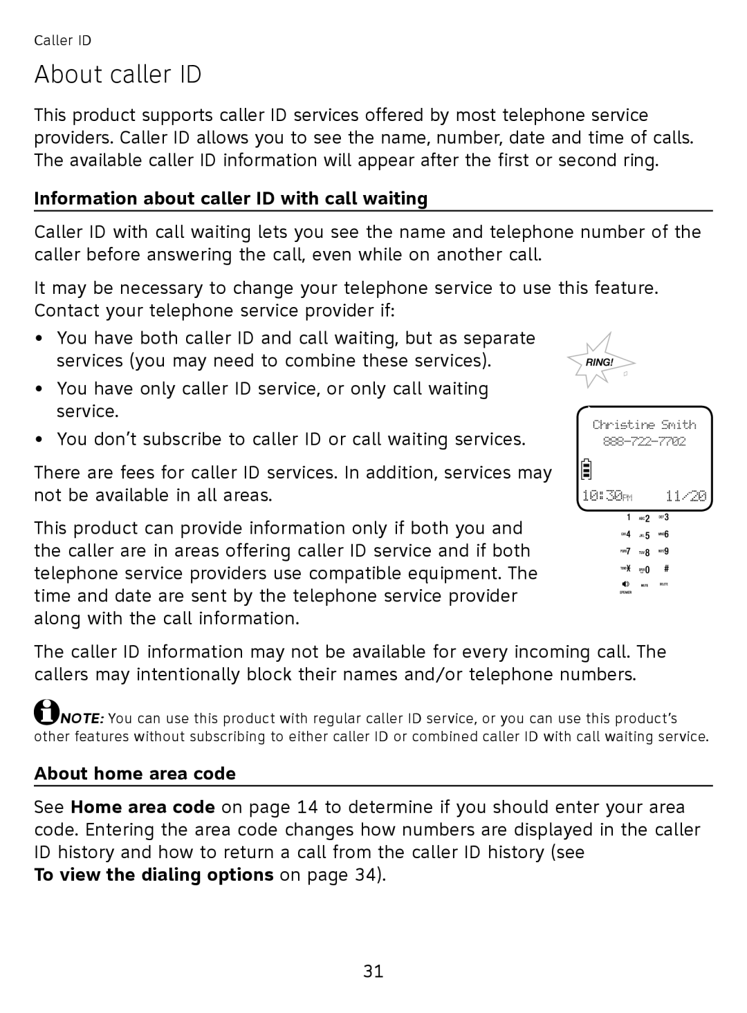 AT&T EL51110 user manual About caller ID, Information about caller ID with call waiting, About home area code 