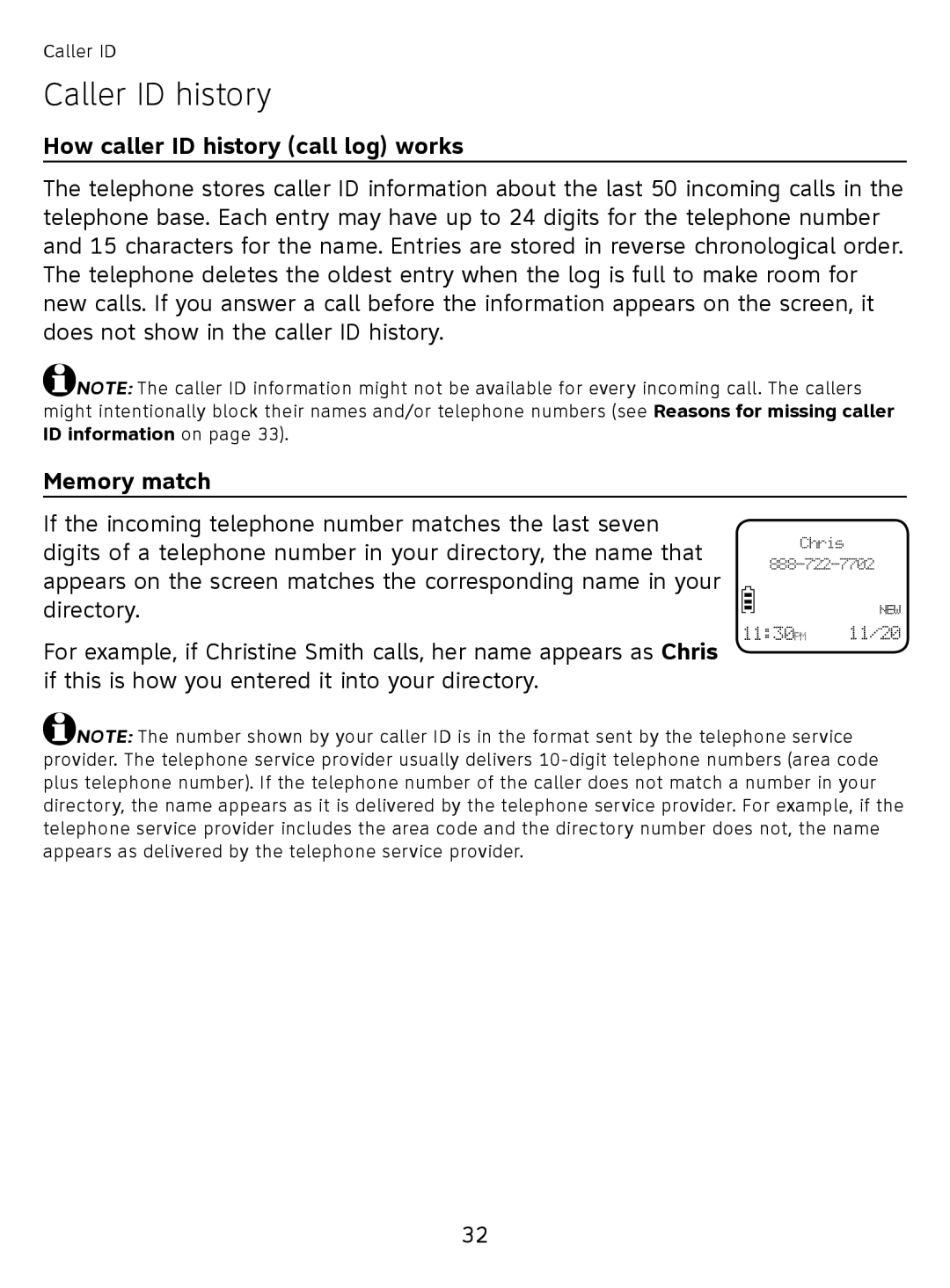 AT&T EL51110 user manual Caller ID history, How caller ID history call log works, Memory match 