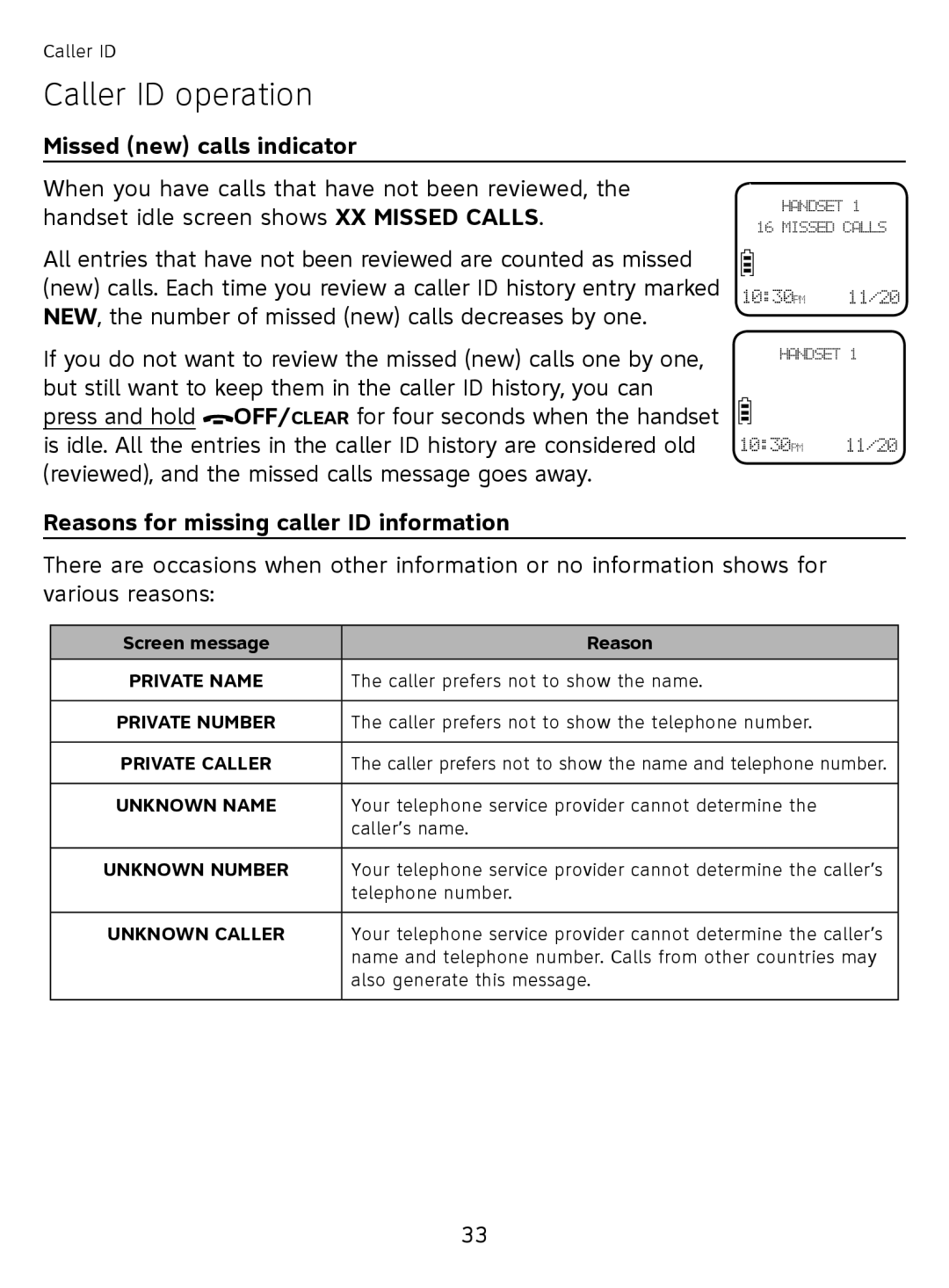 AT&T EL51110 user manual Caller ID operation, Missed new calls indicator, Reasons for missing caller ID information 