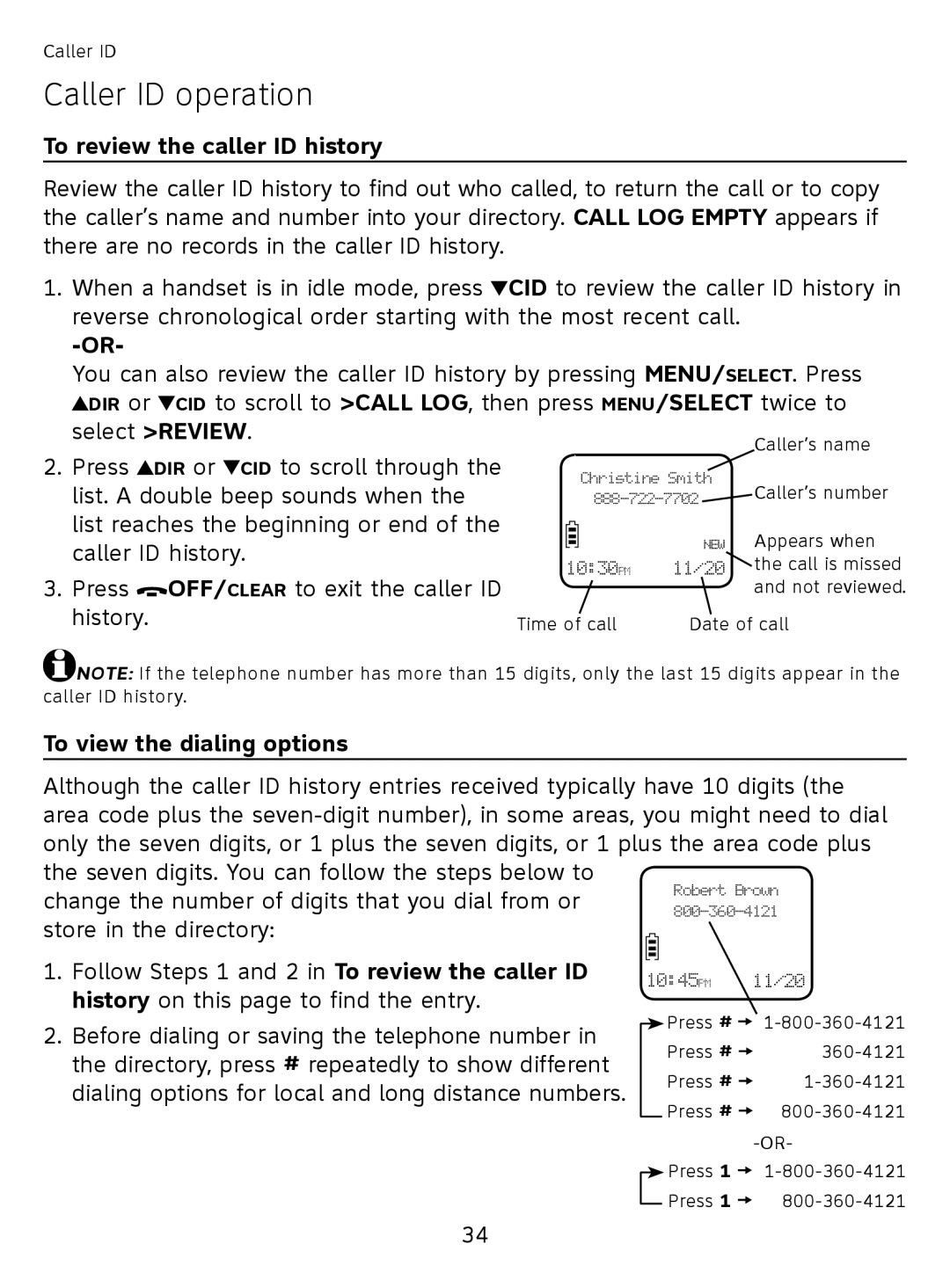 AT&T EL51110 user manual To review the caller ID history, To view the dialing options 