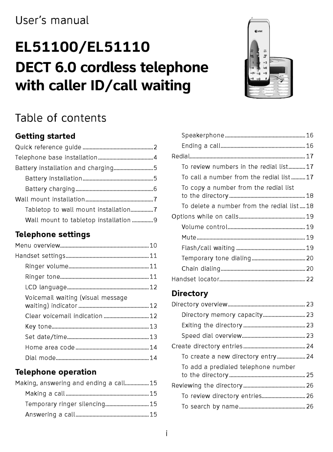 AT&T EL51110 user manual User’s manual, Table of contents 