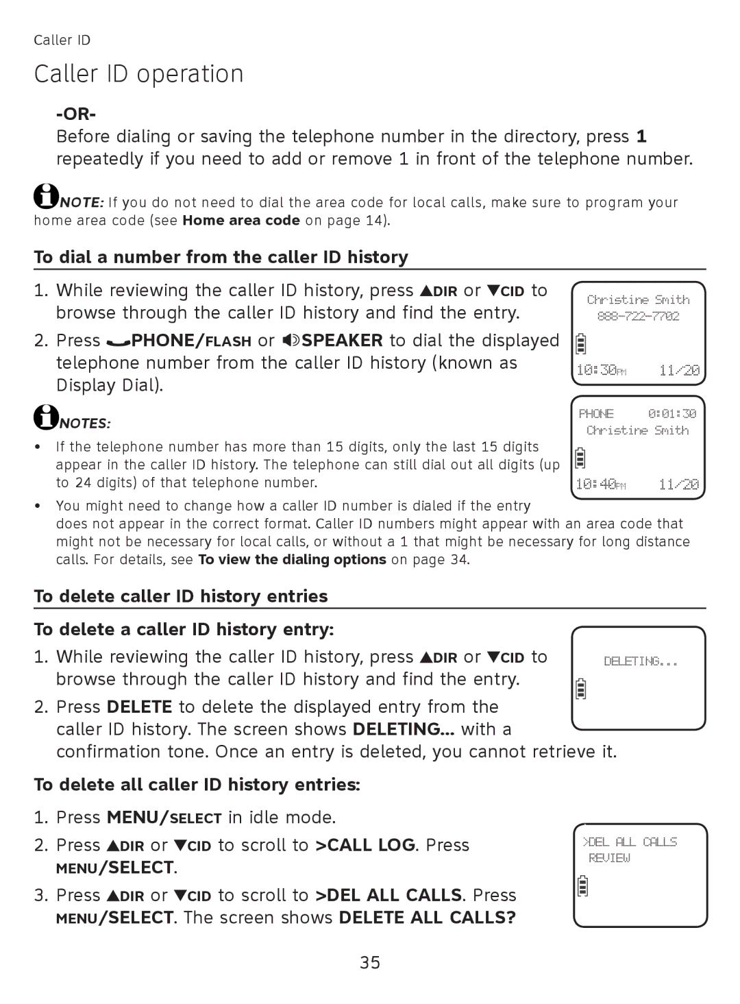 AT&T EL51110 user manual To dial a number from the caller ID history, To delete all caller ID history entries 