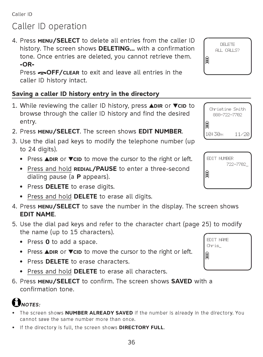 AT&T EL51110 user manual Saving a caller ID history entry in the directory, Edit Name 