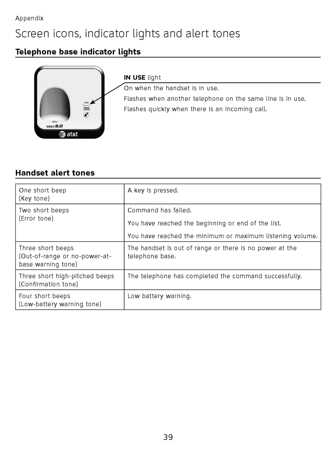 AT&T EL51110 user manual Telephone base indicator lights, Handset alert tones, USE light 