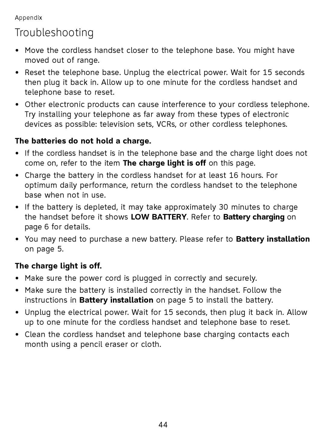 AT&T EL51110 user manual Batteries do not hold a charge, Charge light is off 