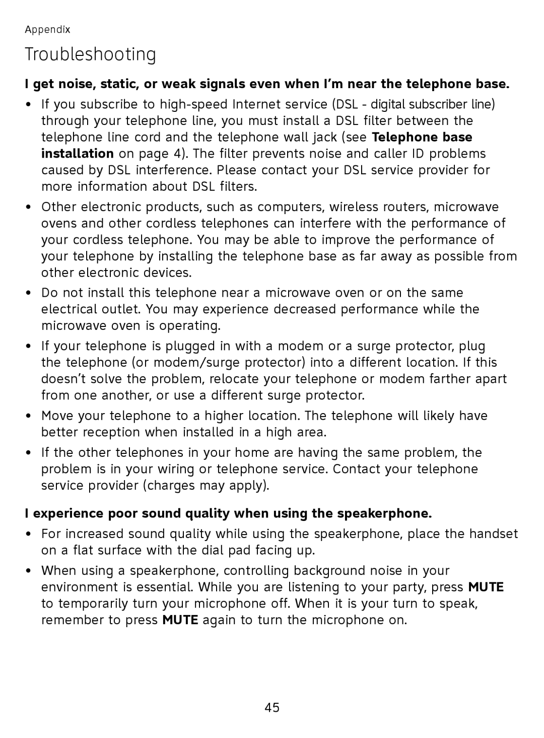 AT&T EL51110 user manual Experience poor sound quality when using the speakerphone 