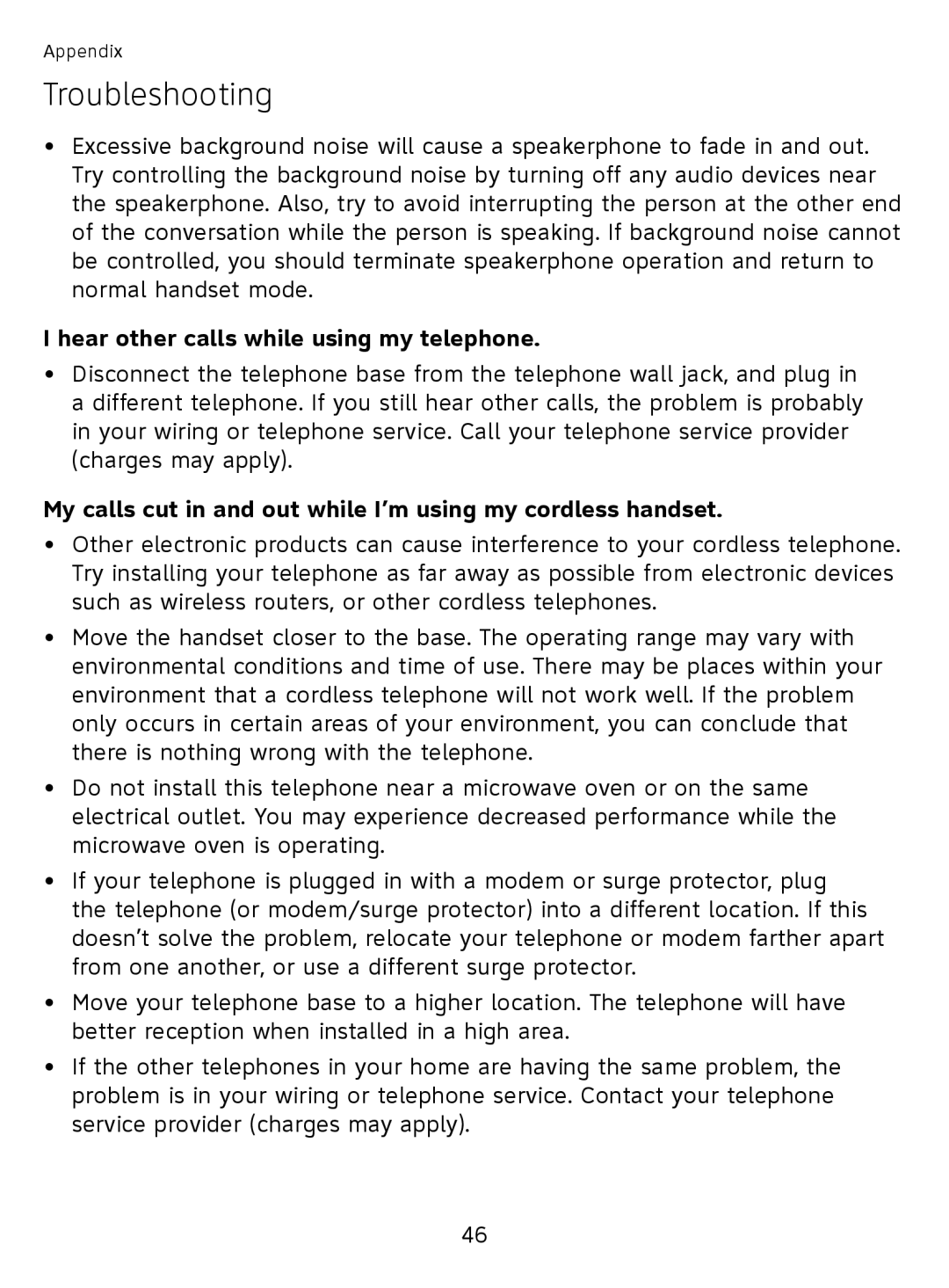 AT&T EL51110 Hear other calls while using my telephone, My calls cut in and out while I’m using my cordless handset 