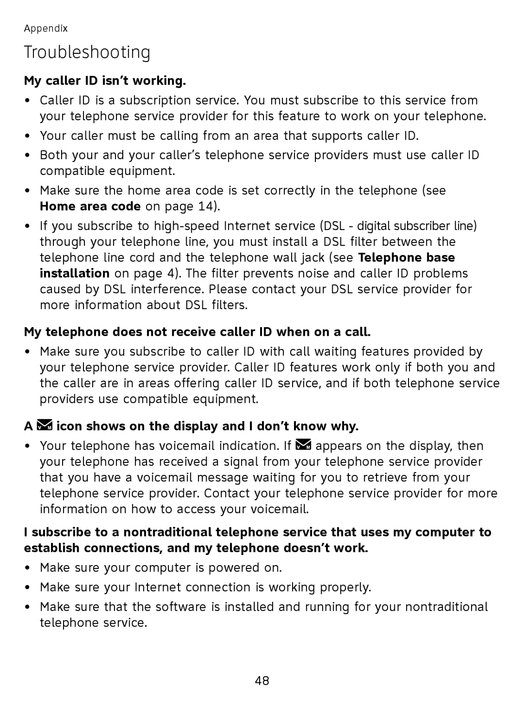 AT&T EL51110 user manual My caller ID isn’t working, My telephone does not receive caller ID when on a call 