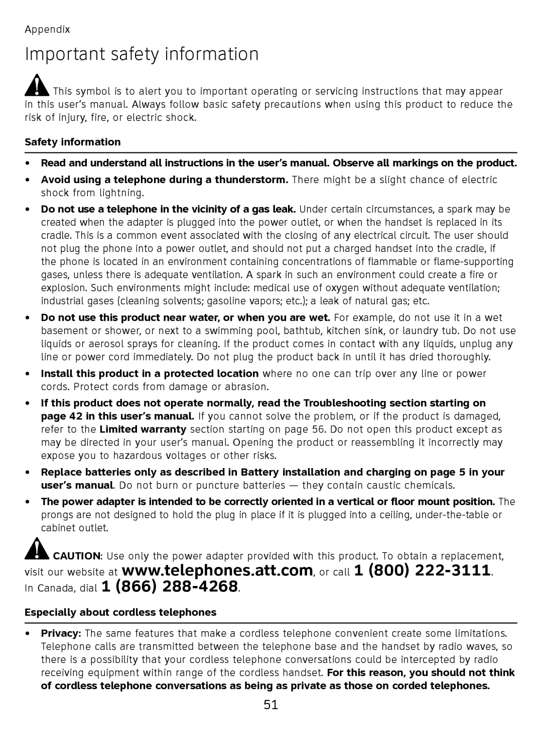 AT&T EL51110 user manual Important safety information, Safety information, Especially about cordless telephones 