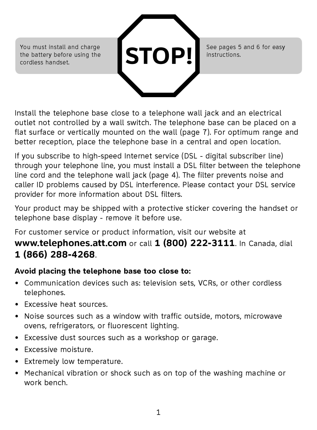 AT&T EL51110 user manual Avoid placing the telephone base too close to 