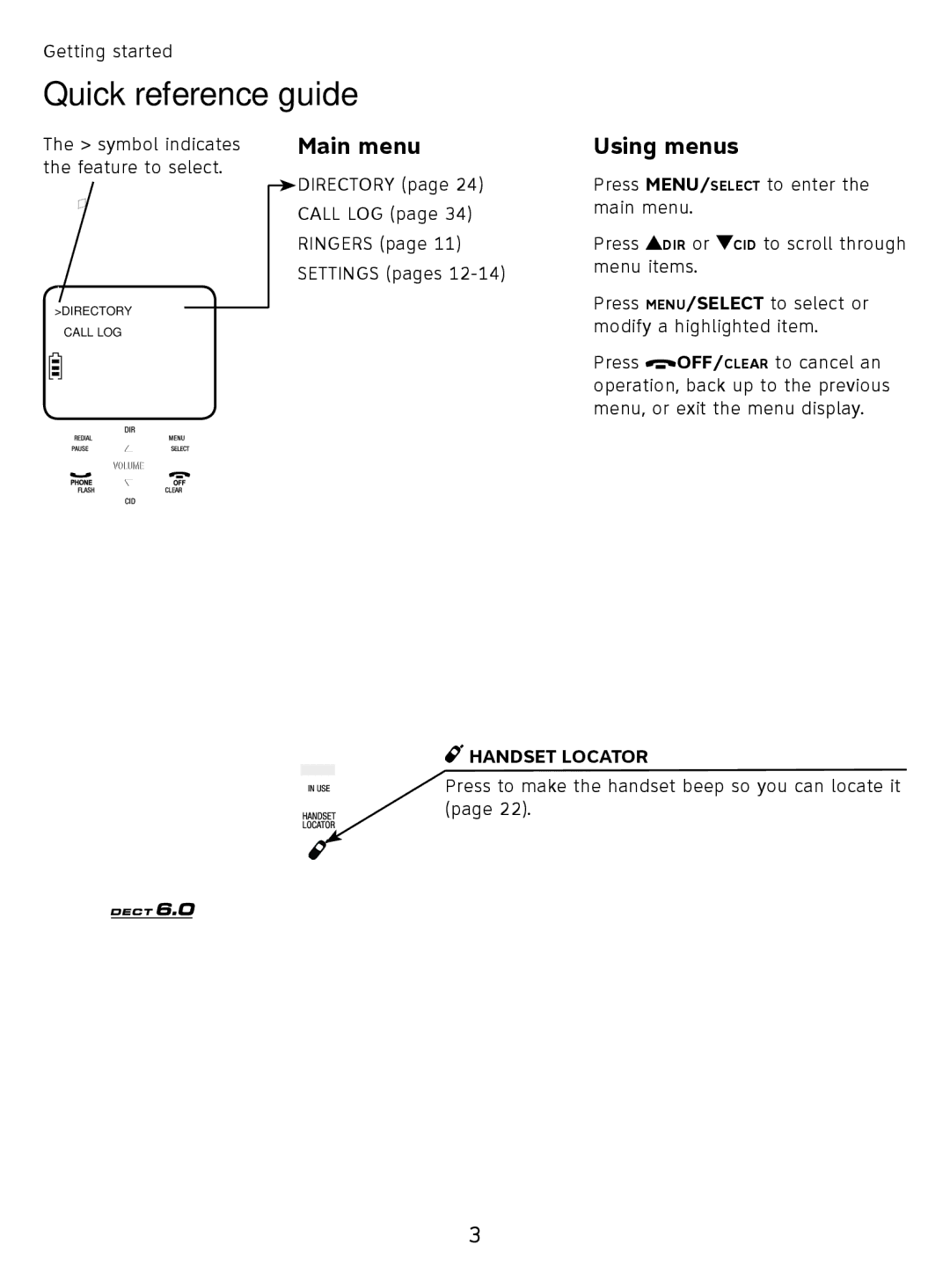 AT&T EL51110 user manual Main menu, Using menus, Handset Locator 