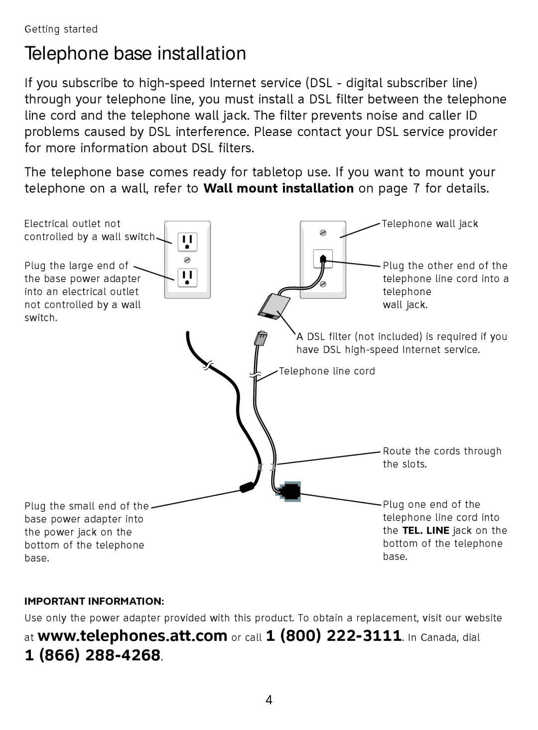 AT&T EL51110 user manual Telephone base installation, Important Information 