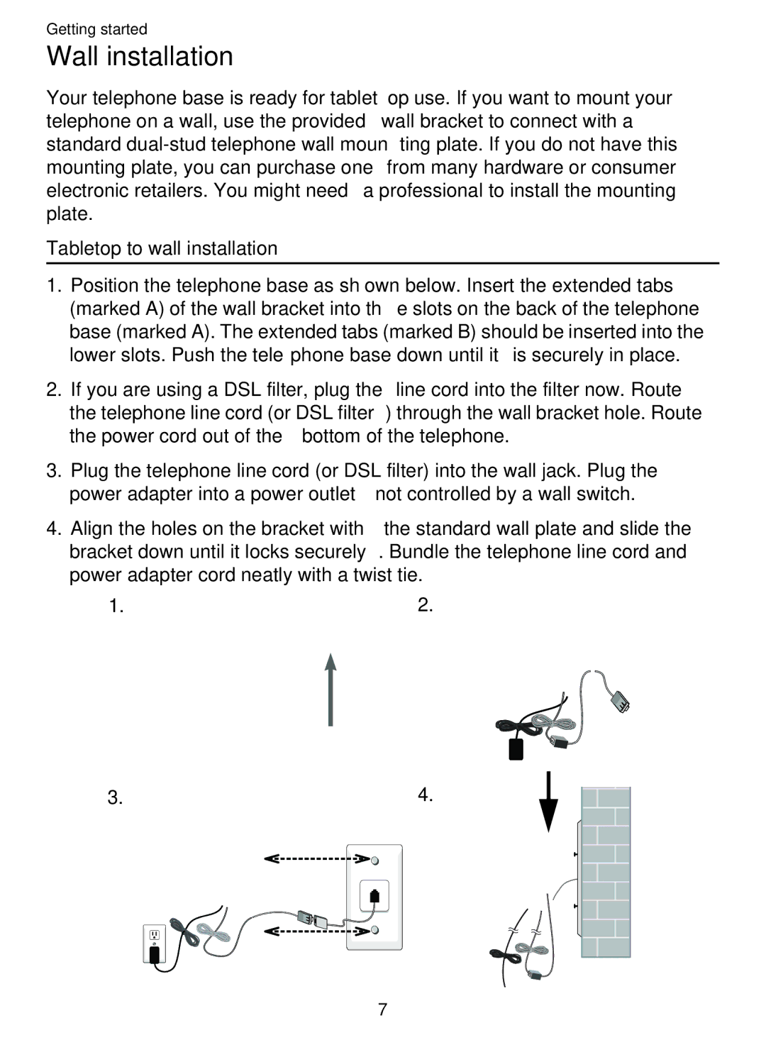 AT&T EL51359, EL51209 user manual Wall installation, Tabletop to wall installation 