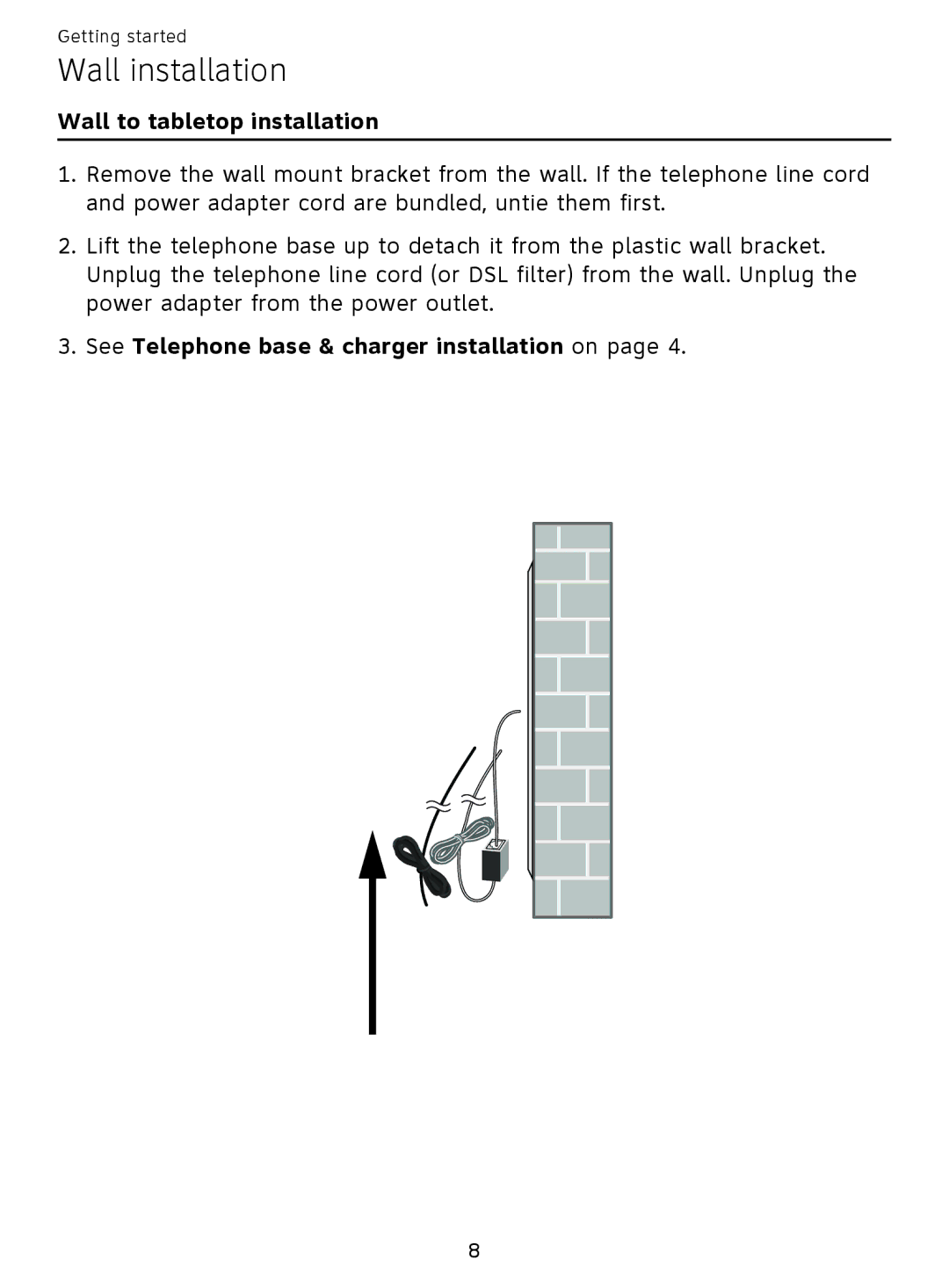 AT&T EL51209, EL51359 user manual Wall to tabletop installation, See Telephone base & charger installation on 