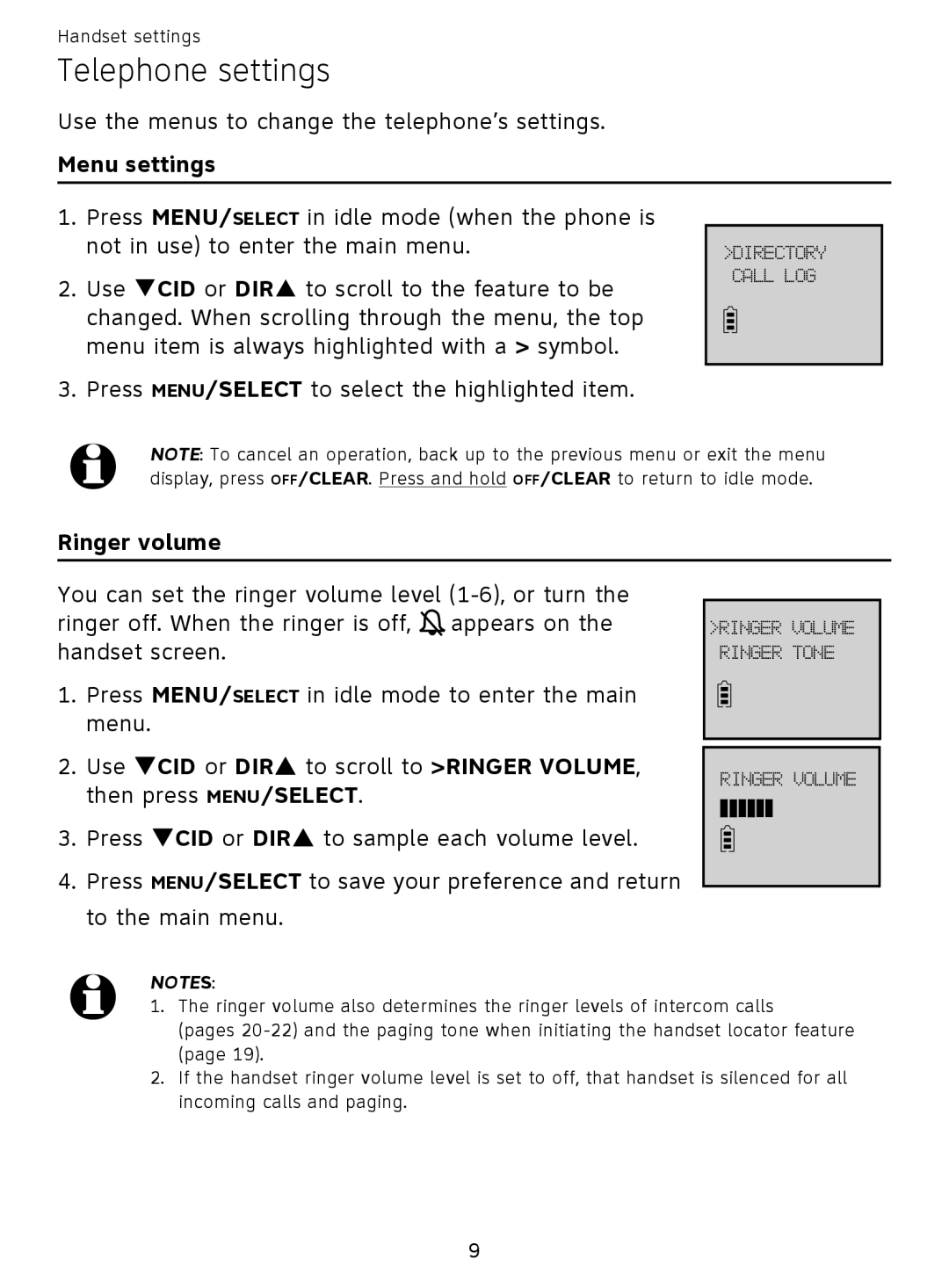 AT&T EL51359, EL51209 user manual Telephone settings, Menu settings, Ringer volume 