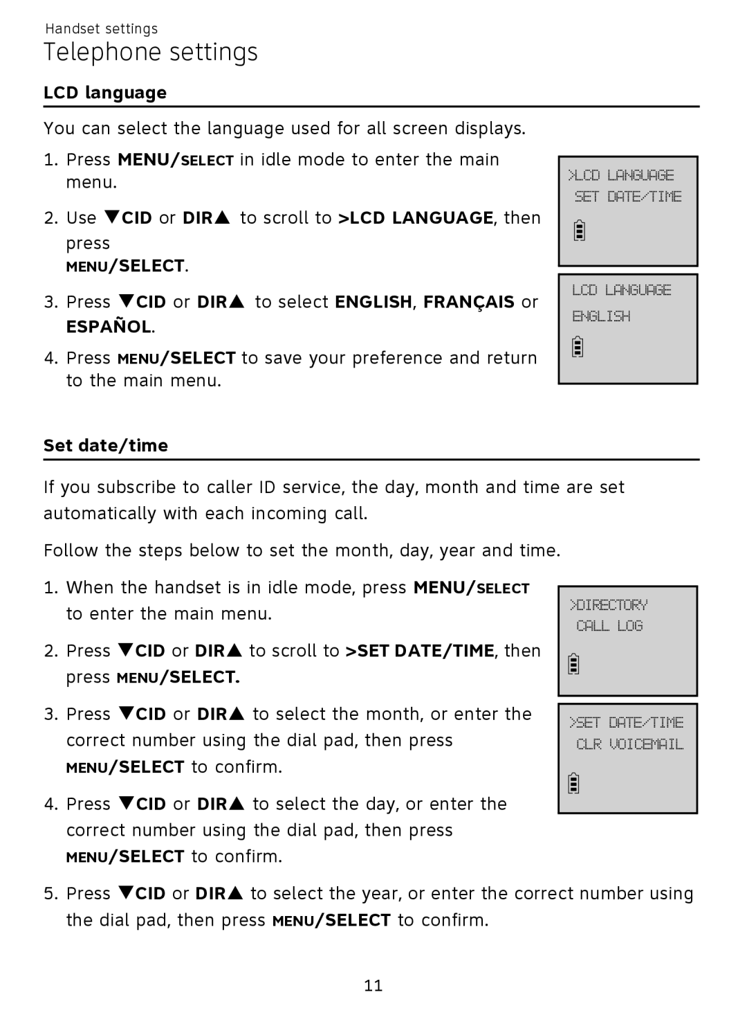 AT&T EL51359, EL51209 user manual LCD language, Español, Set date/time 