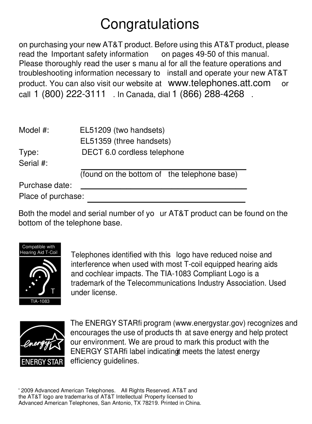 AT&T EL51359, EL51209 user manual Congratulations 