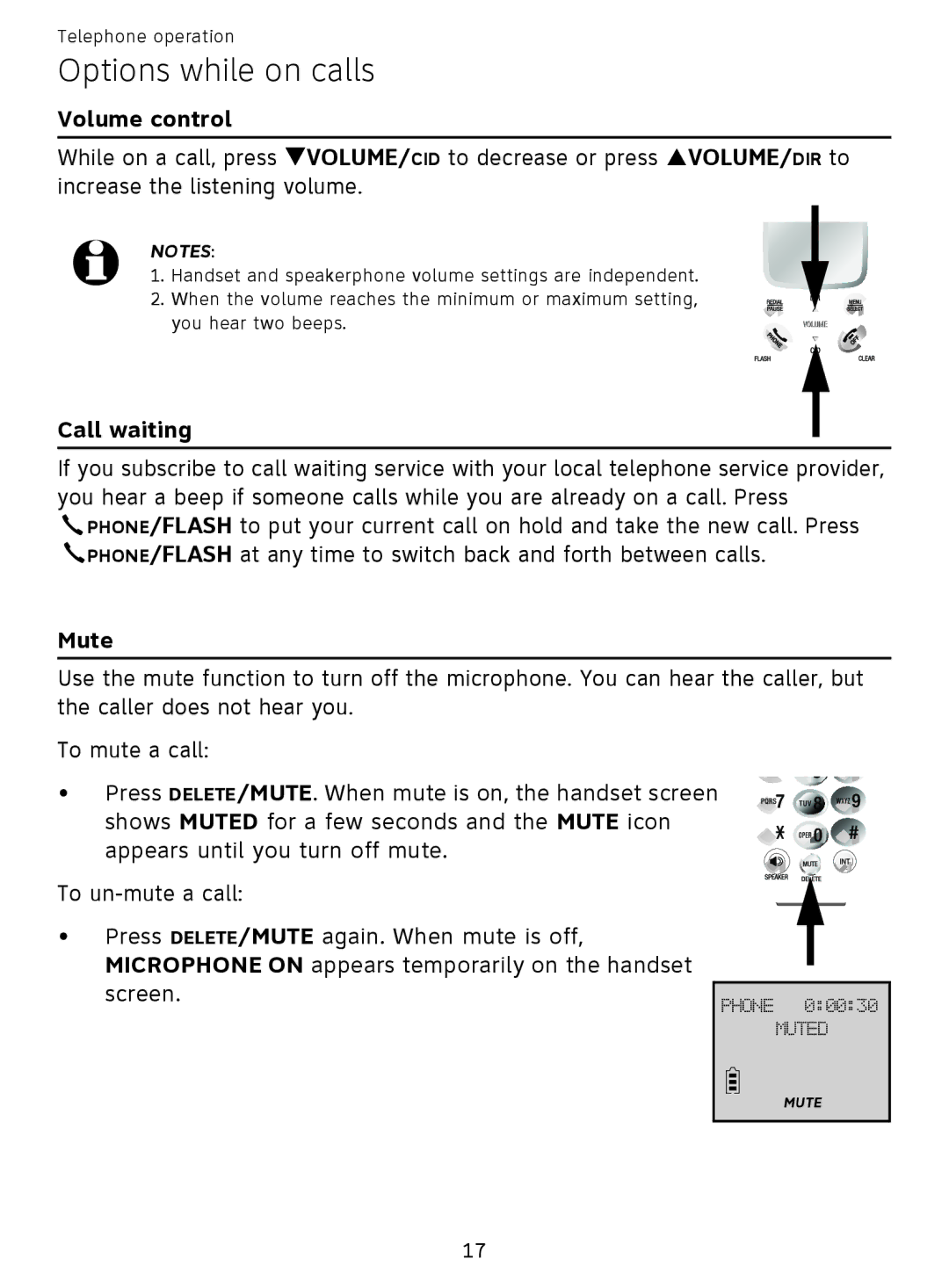 AT&T EL51359, EL51209 user manual Options while on calls, Volume control, Call waiting, Mute 