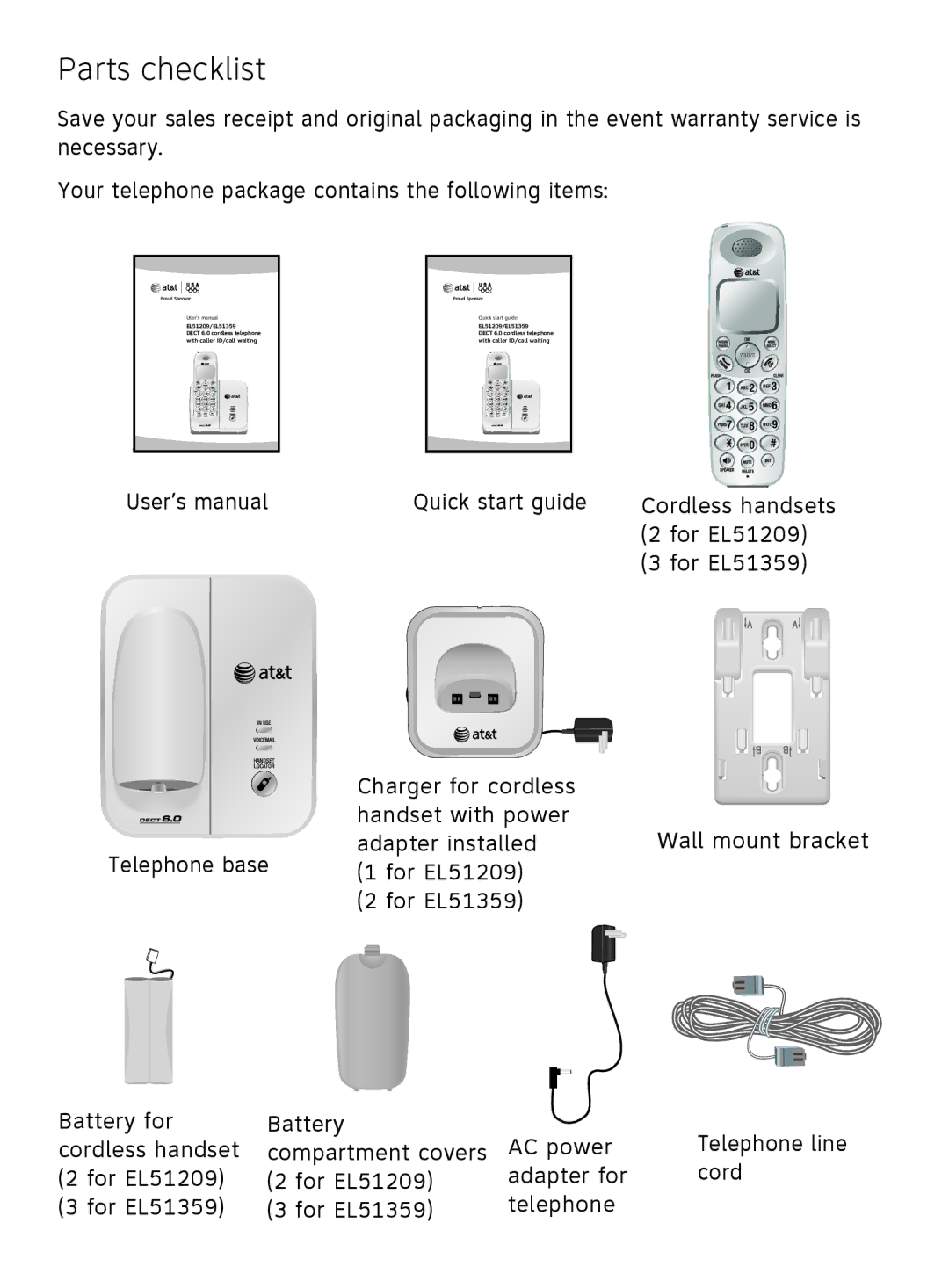 AT&T EL51209, EL51359 user manual Parts checklist 