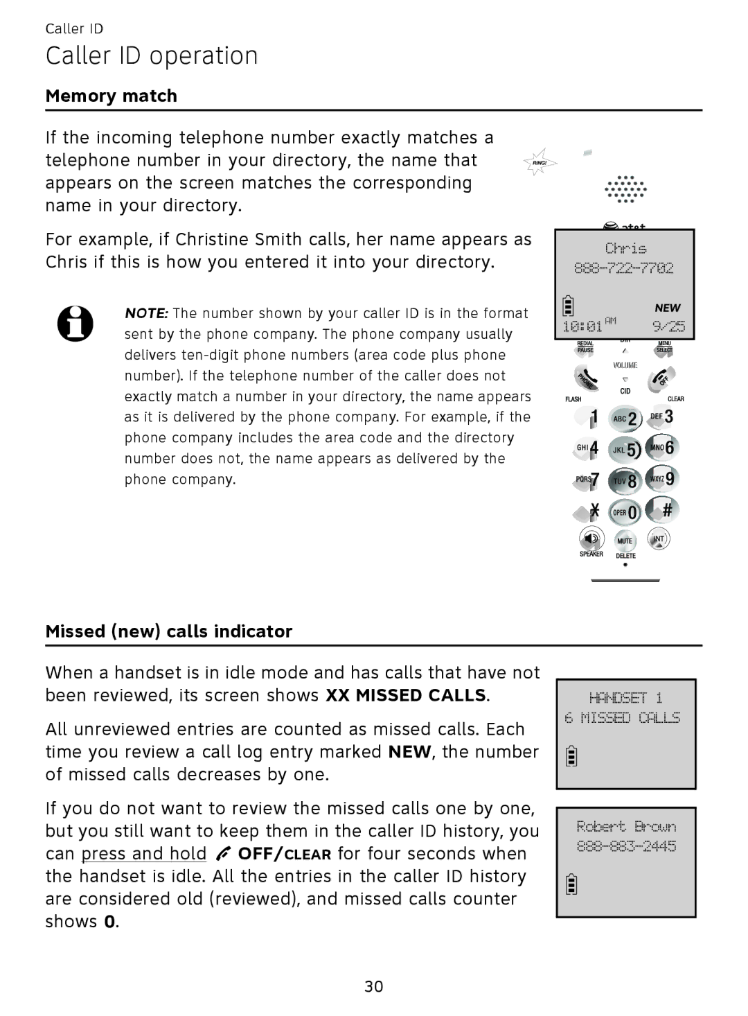 AT&T EL51209, EL51359 user manual Caller ID operation, Memory match, Missed new calls indicator 