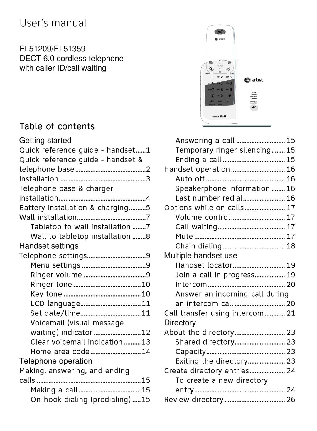 AT&T EL51359, EL51209 user manual User’s manual, Table of contents 