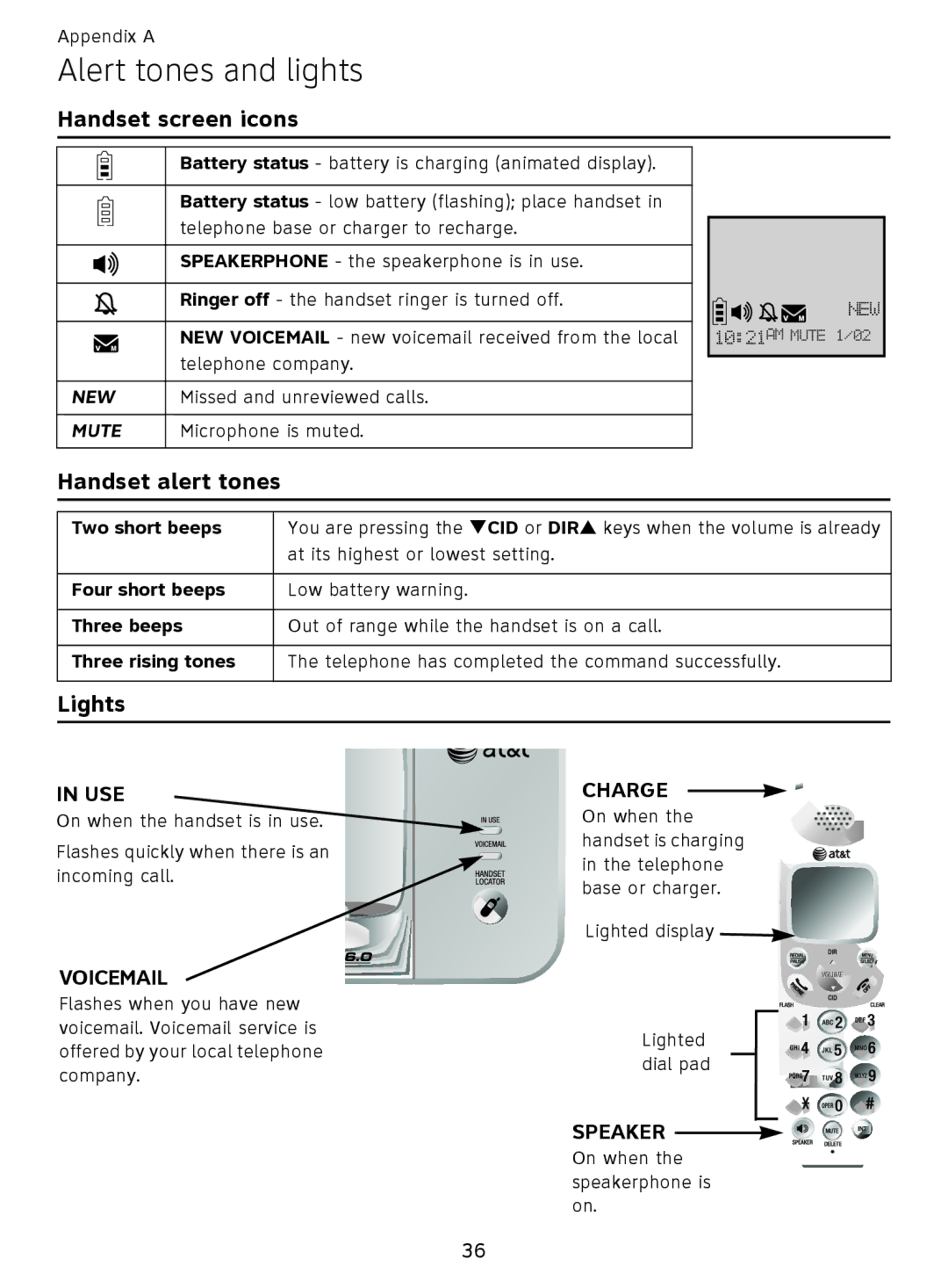 AT&T EL51209, EL51359 user manual Alert tones and lights, Handset screen icons, Handset alert tones, Lights 