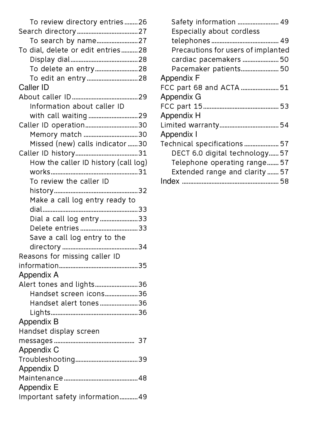 AT&T EL51209 Caller ID, Appendix a, Appendix B, Appendix C, Appendix D, Appendix E, Appendix F, Appendix G, Appendix H 