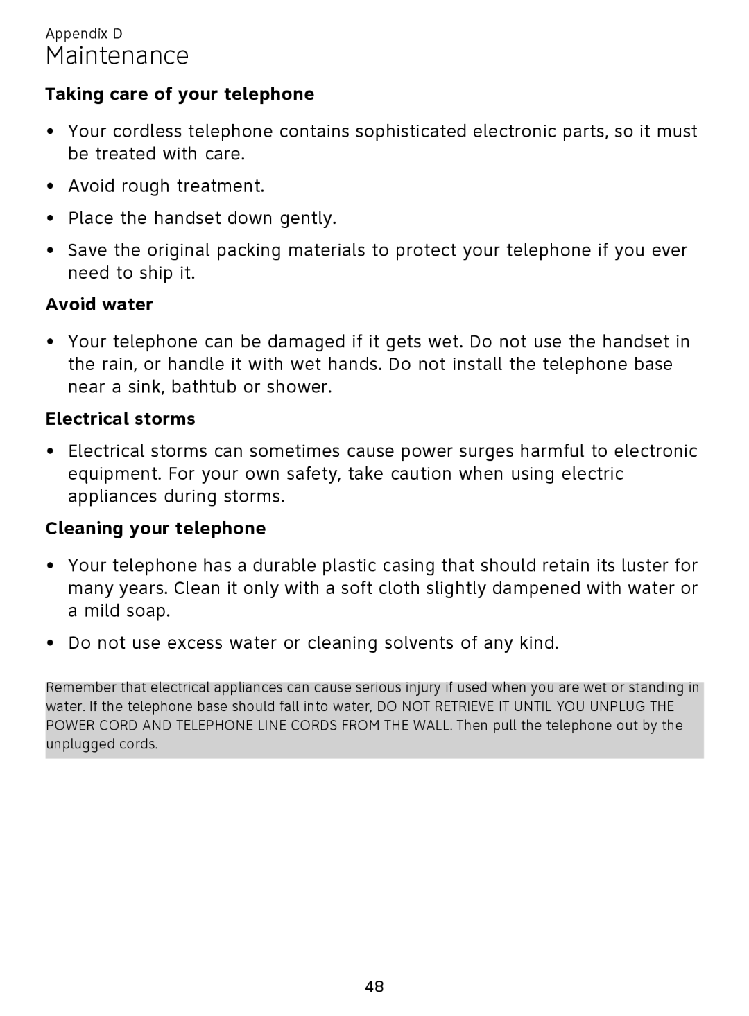 AT&T EL51209, EL51359 Maintenance, Taking care of your telephone, Avoid water, Electrical storms, Cleaning your telephone 