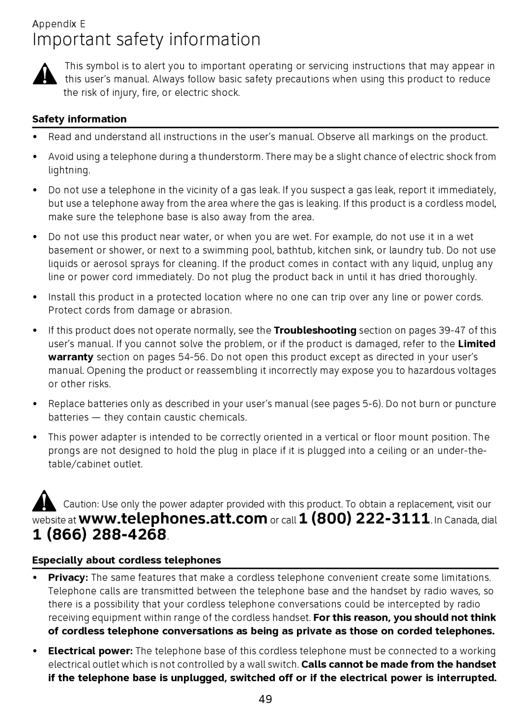 AT&T EL51359, EL51209 user manual Important safety information, Safety information 