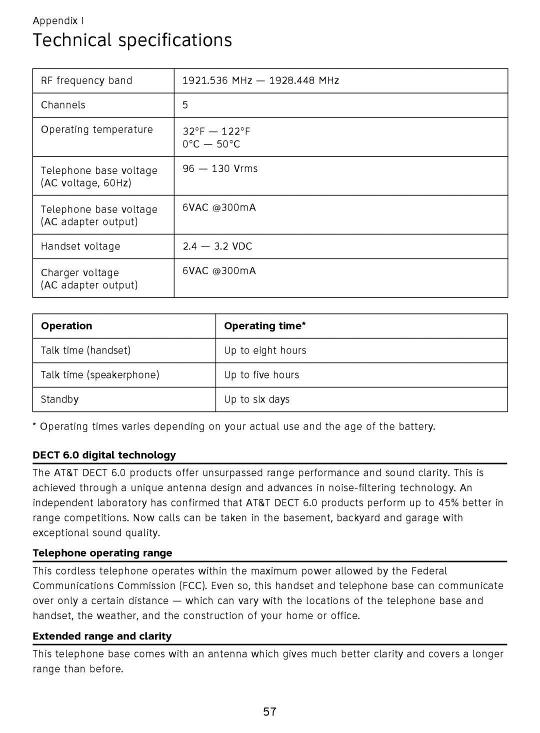 AT&T EL51359, EL51209 user manual Technical specifications, Operation Operating time 