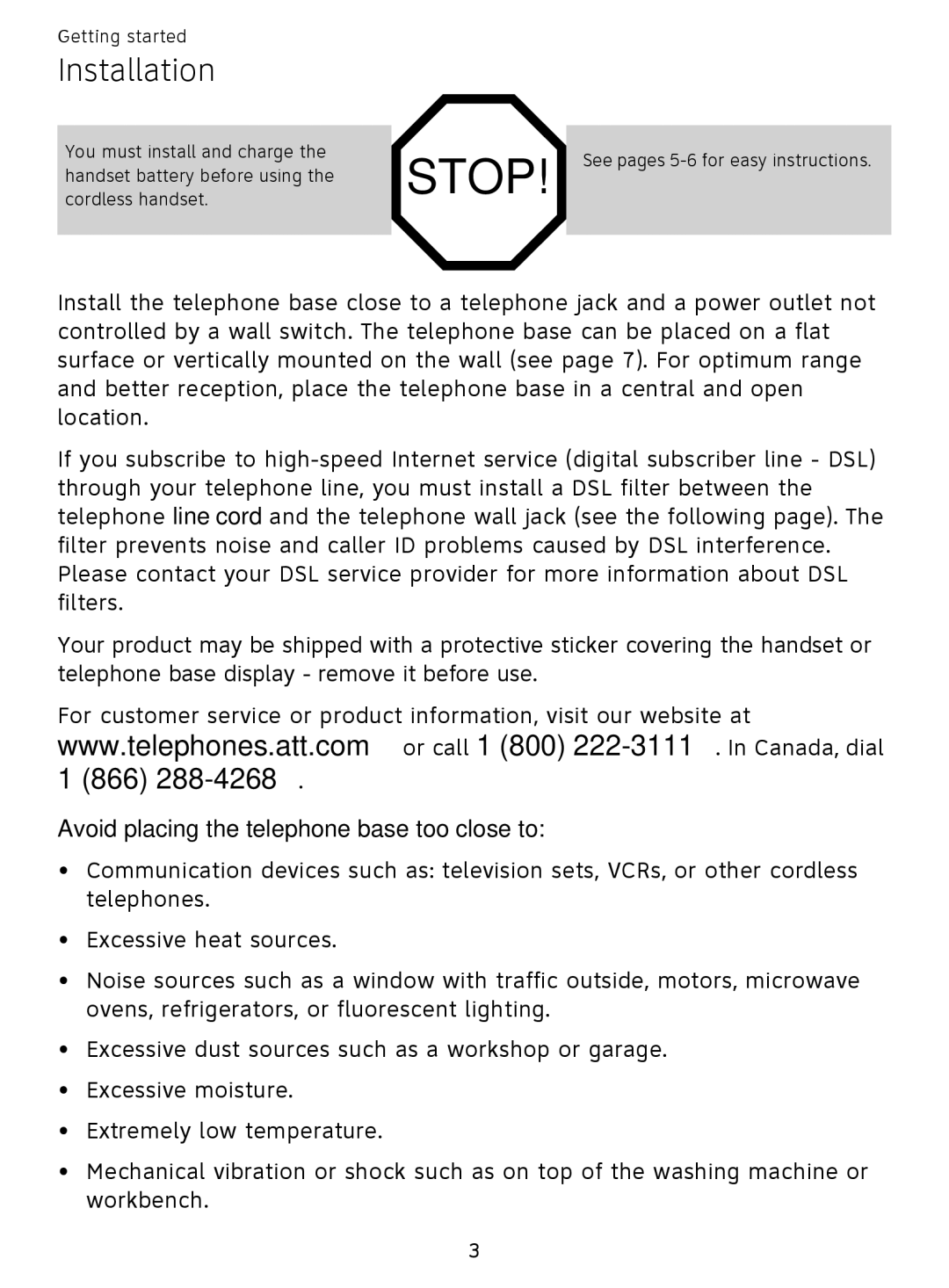 AT&T EL51359, EL51209 user manual Installation, Avoid placing the telephone base too close to 