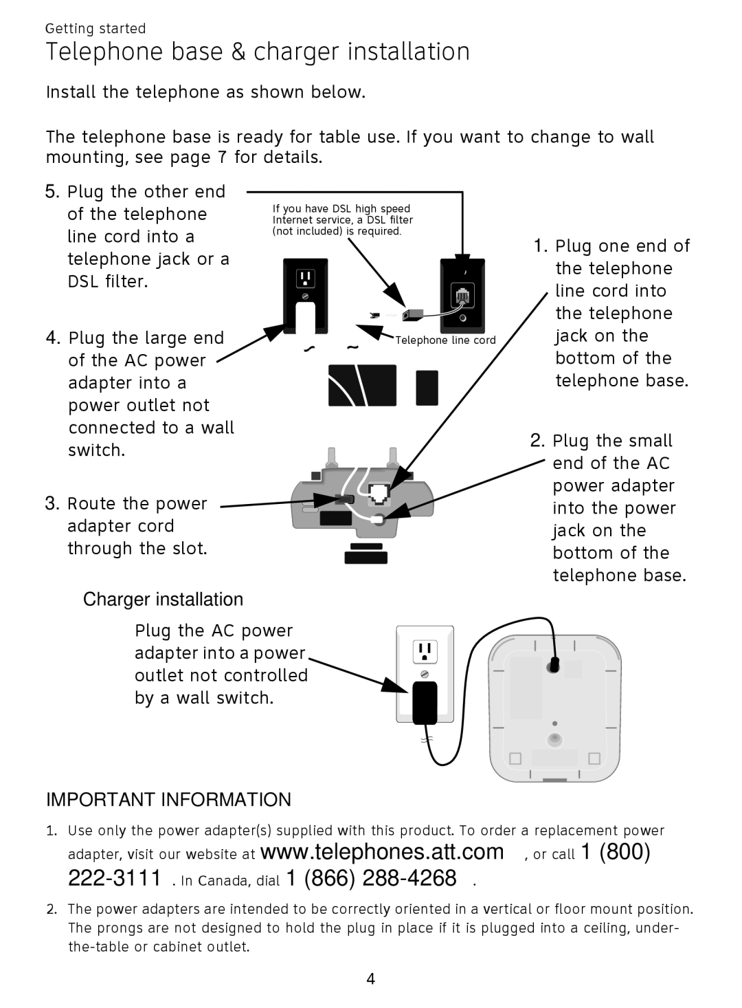 AT&T EL51209, EL51359 user manual Telephone base & charger installation, Charger installation, Important Information 