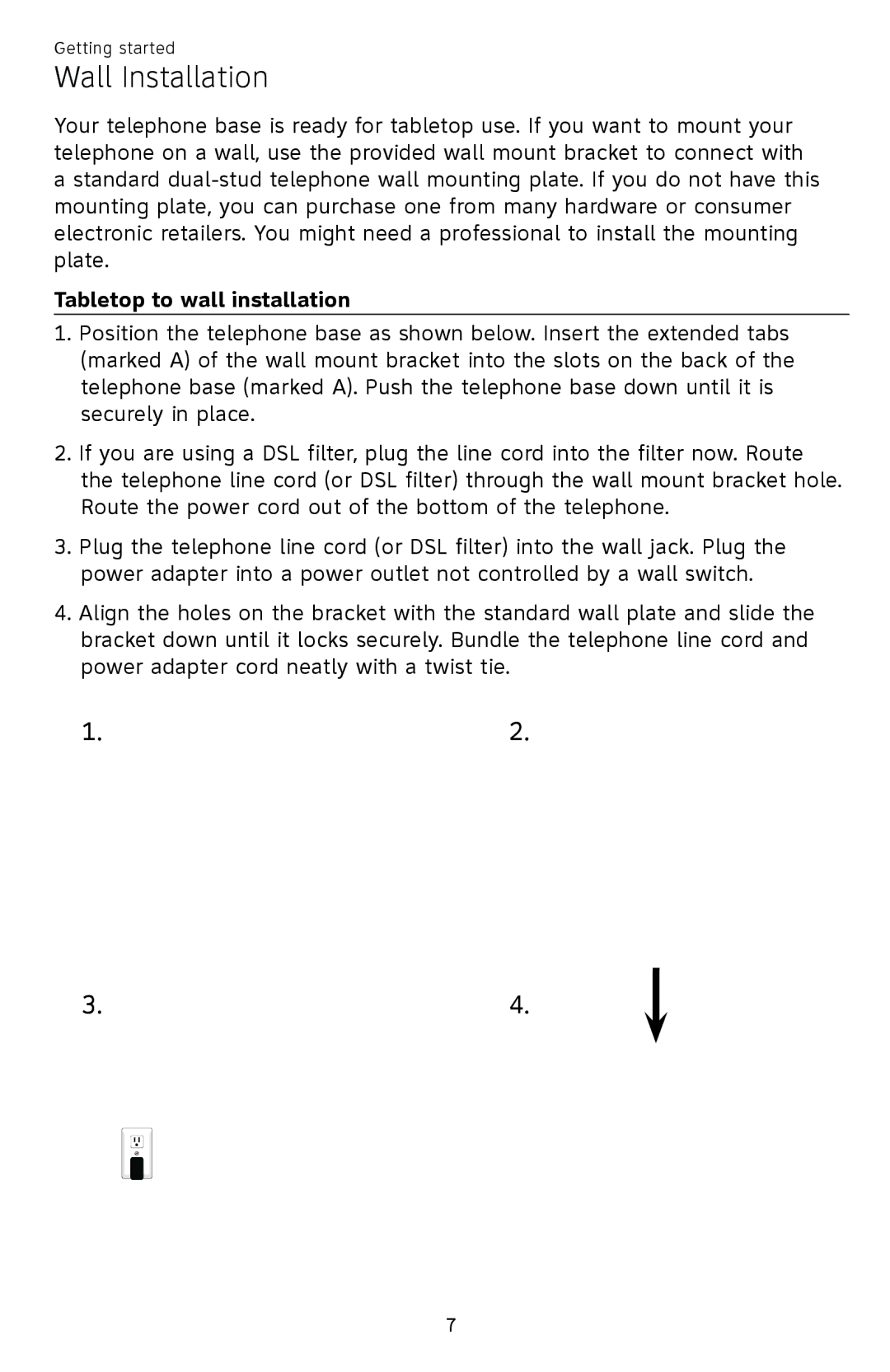 AT&T EL52109 user manual Wall Installation, Tabletop to wall installation 