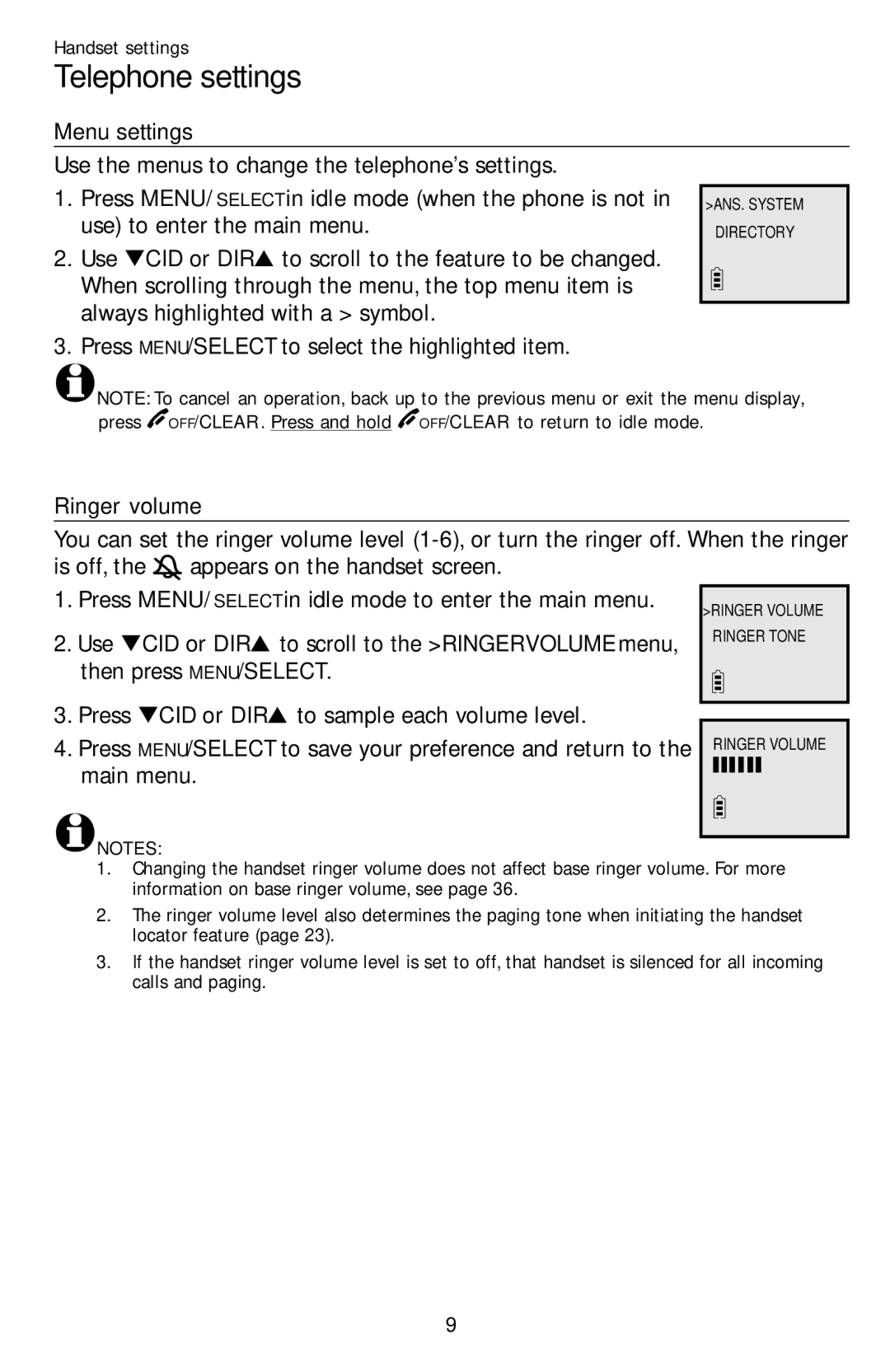 AT&T EL52109 user manual Telephone settings, Menu settings, Ringer volume 