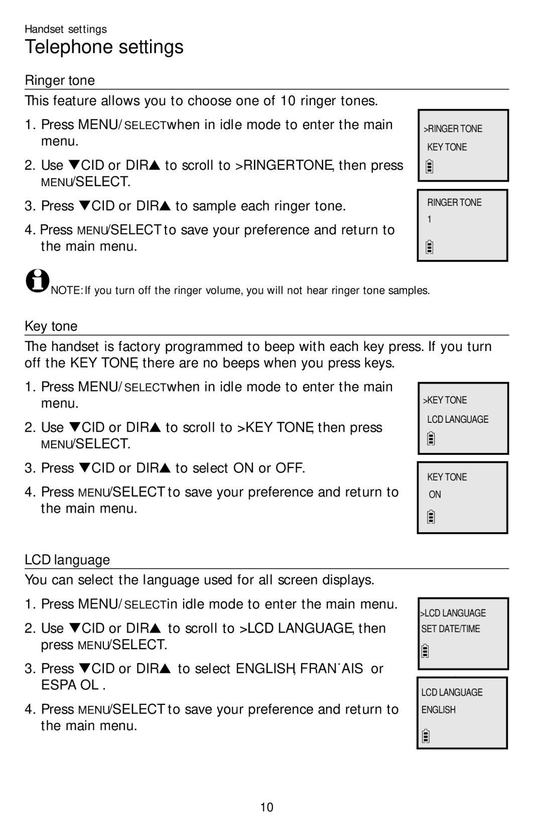 AT&T EL52109 user manual Ringer tone, Key tone, LCD language 