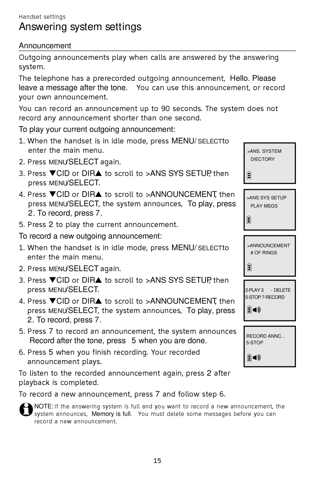 AT&T EL52109 user manual Announcement, To play your current outgoing announcement, To record a new outgoing announcement 