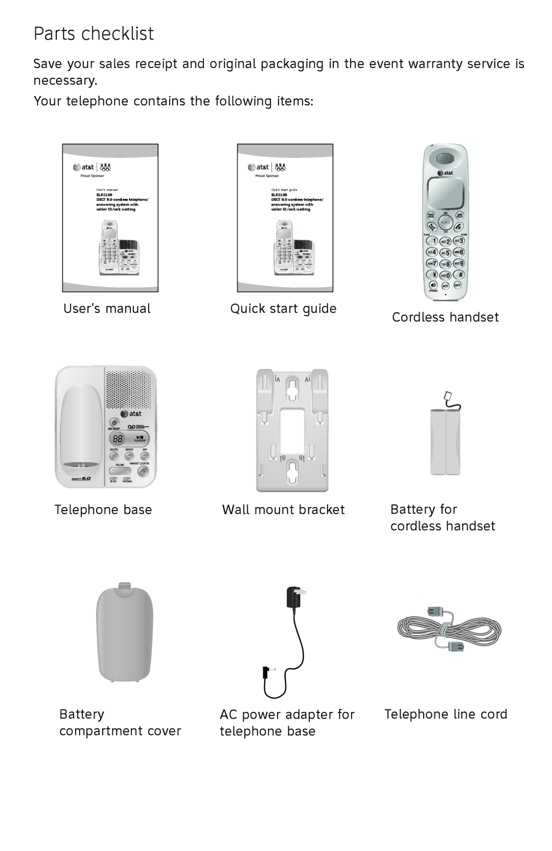 AT&T EL52109 user manual Parts checklist 